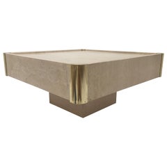 Italian Willy Rizzo 1970s Design Square Travertine and Brass Coffee Table