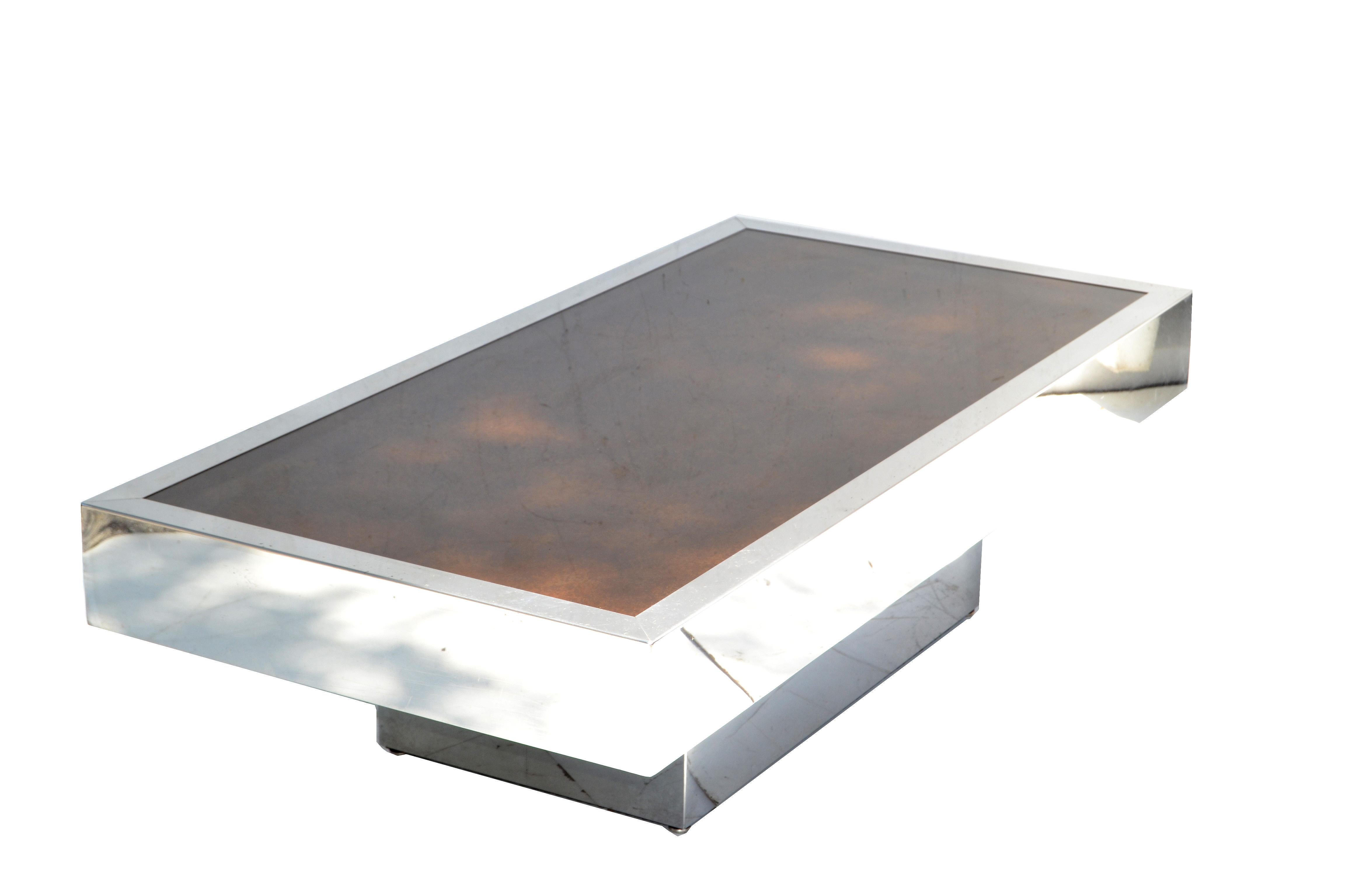 Italian Willy Rizzo Style Chrome Steel & Brown Cloudy Glass Coffee Table, 1970 For Sale 7