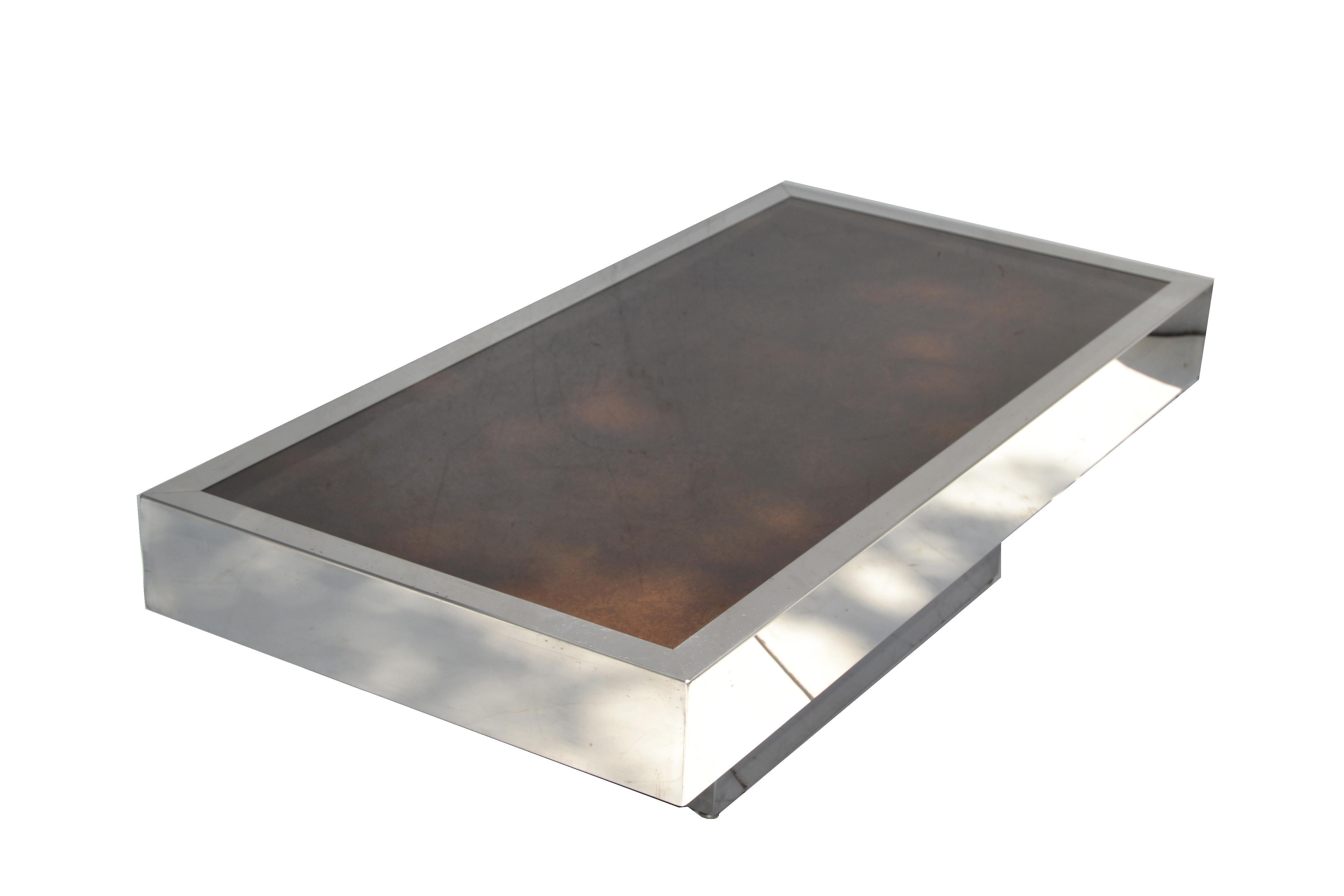 Italian Willy Rizzo Style Chrome Steel & Brown Cloudy Glass Coffee Table, 1970 For Sale 8