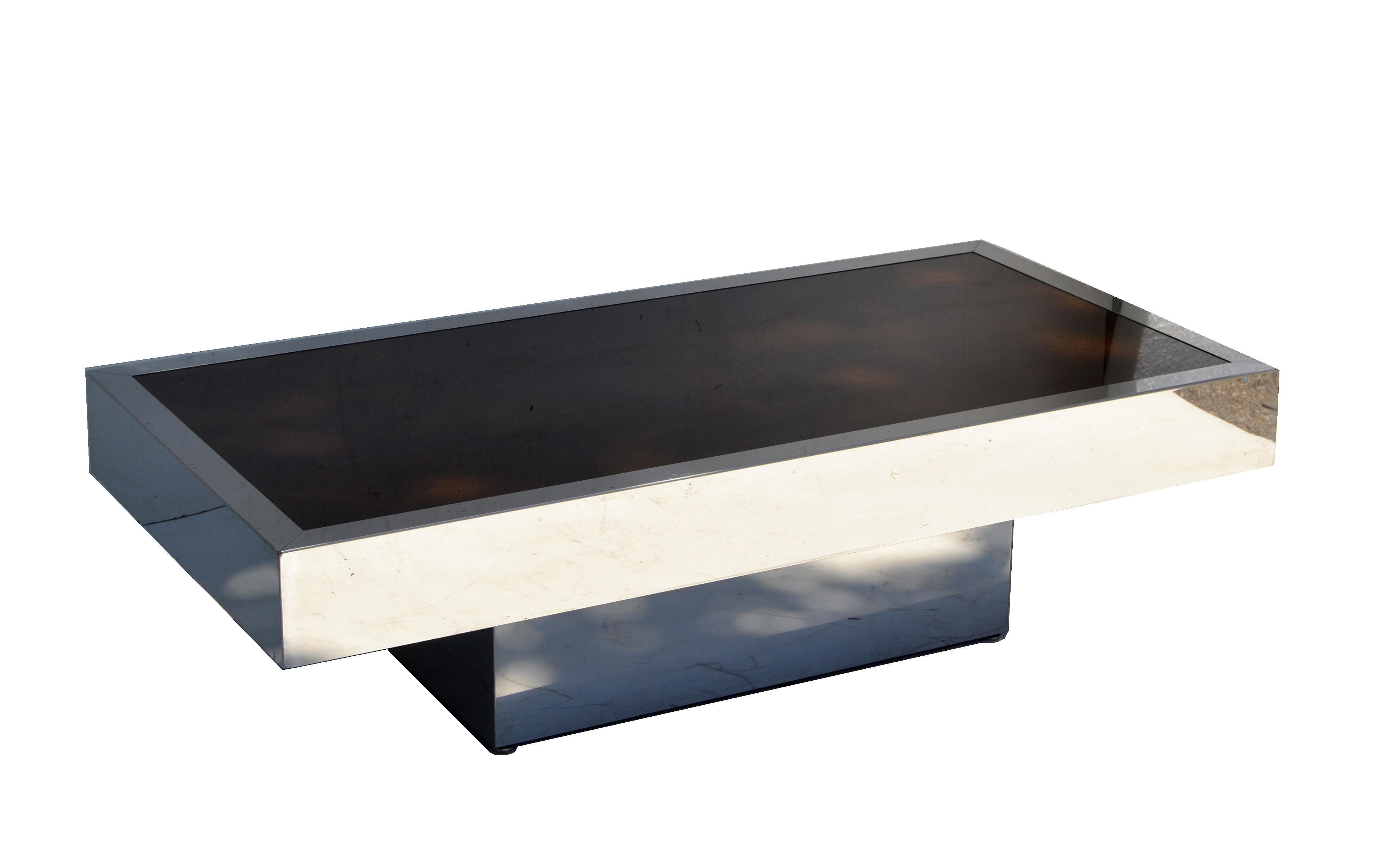 Mid-Century Modern Italian Willy Rizzo Style Chrome Steel & Brown Cloudy Glass Coffee Table, 1970 For Sale