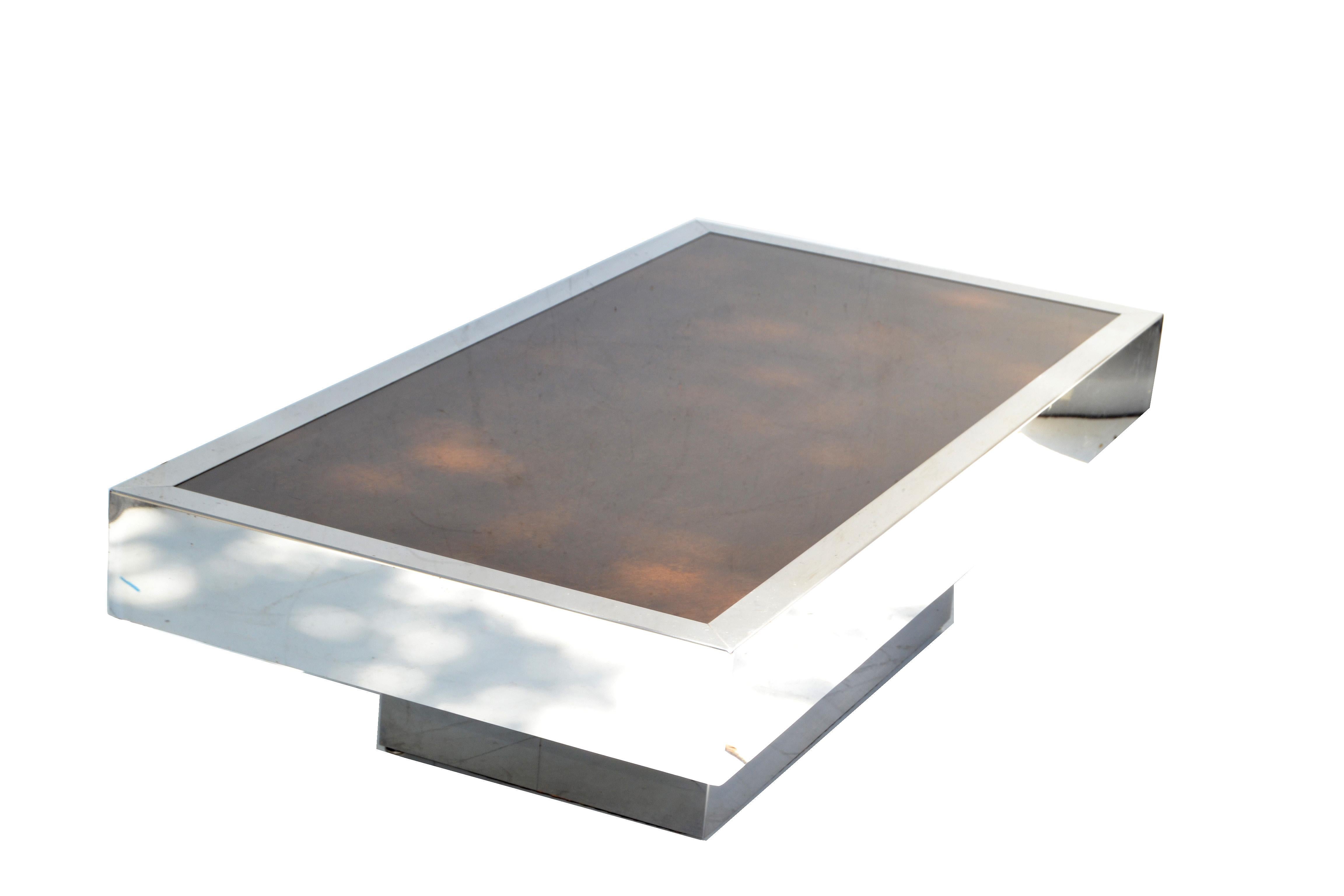 Italian Willy Rizzo Style Chrome Steel & Brown Cloudy Glass Coffee Table, 1970 In Good Condition For Sale In Miami, FL