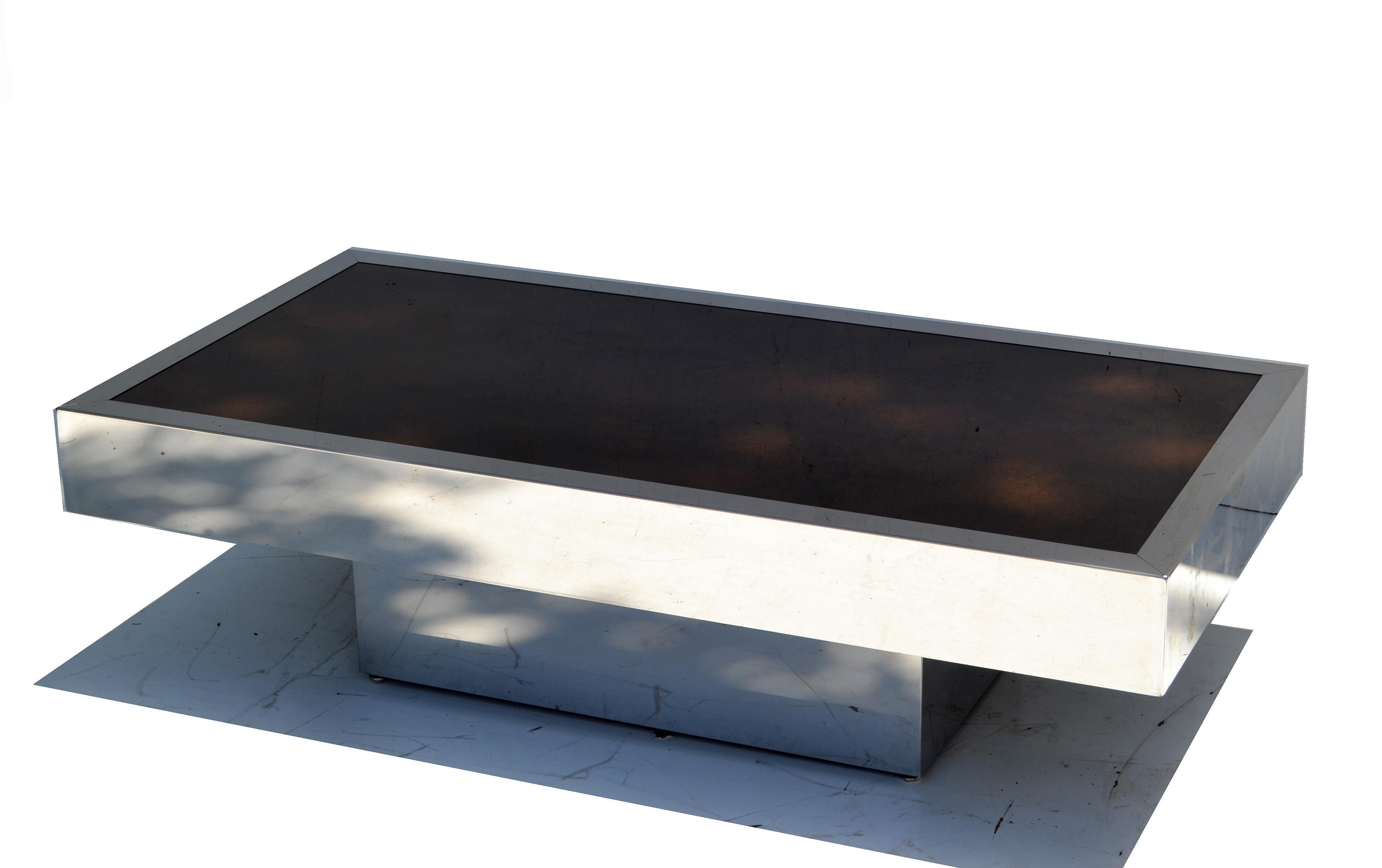 20th Century Italian Willy Rizzo Style Chrome Steel & Brown Cloudy Glass Coffee Table, 1970 For Sale
