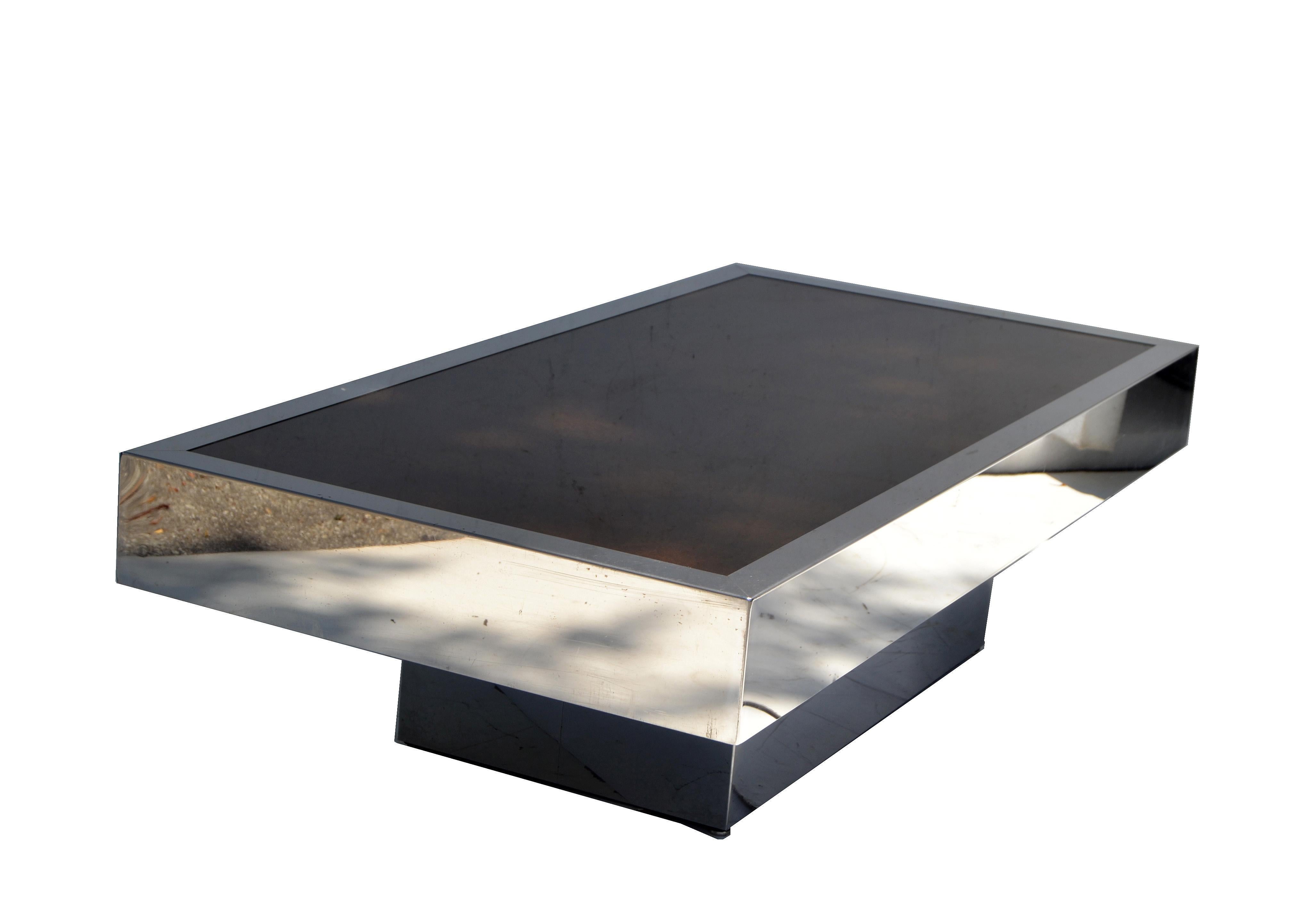 Italian Willy Rizzo Style Chrome Steel & Brown Cloudy Glass Coffee Table, 1970 For Sale 1