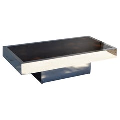 Italian Willy Rizzo Style Chrome Steel & Brown Cloudy Glass Coffee Table, 1970