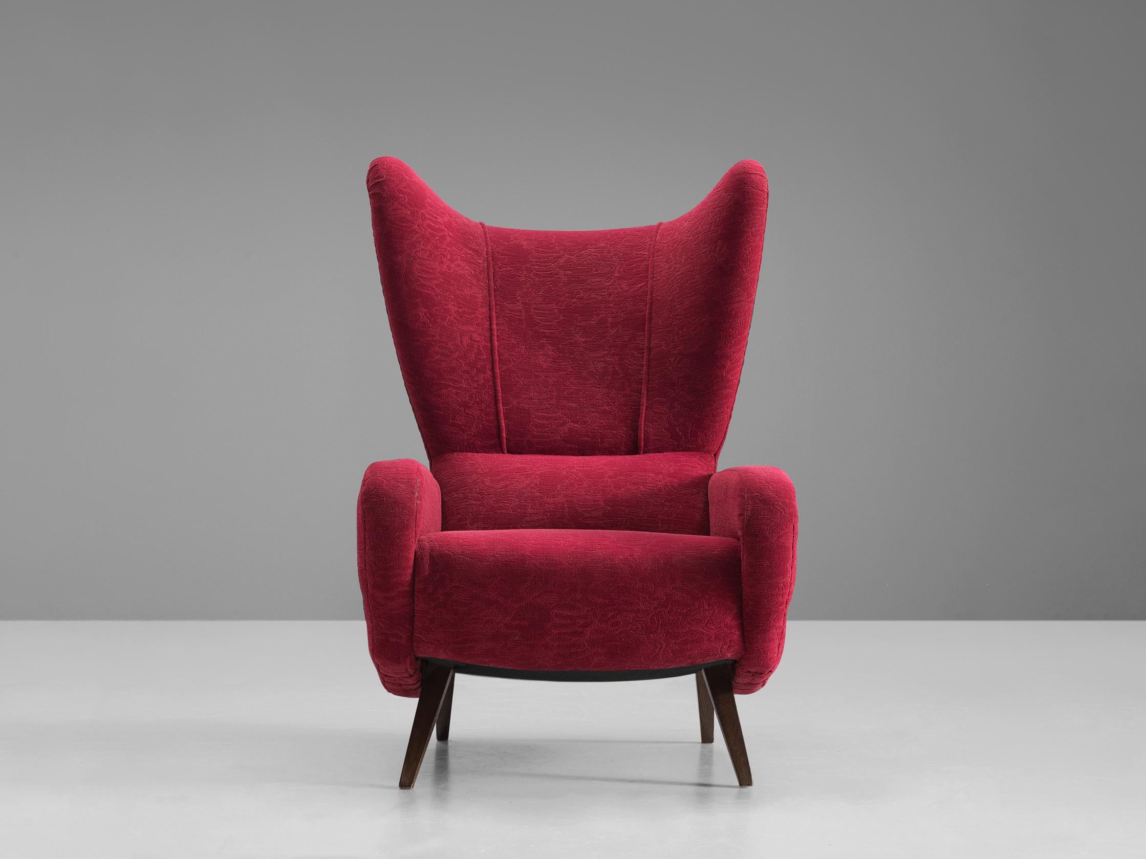 Mid-Century Modern Italian Wingback Chair in Maroon Fabric  For Sale