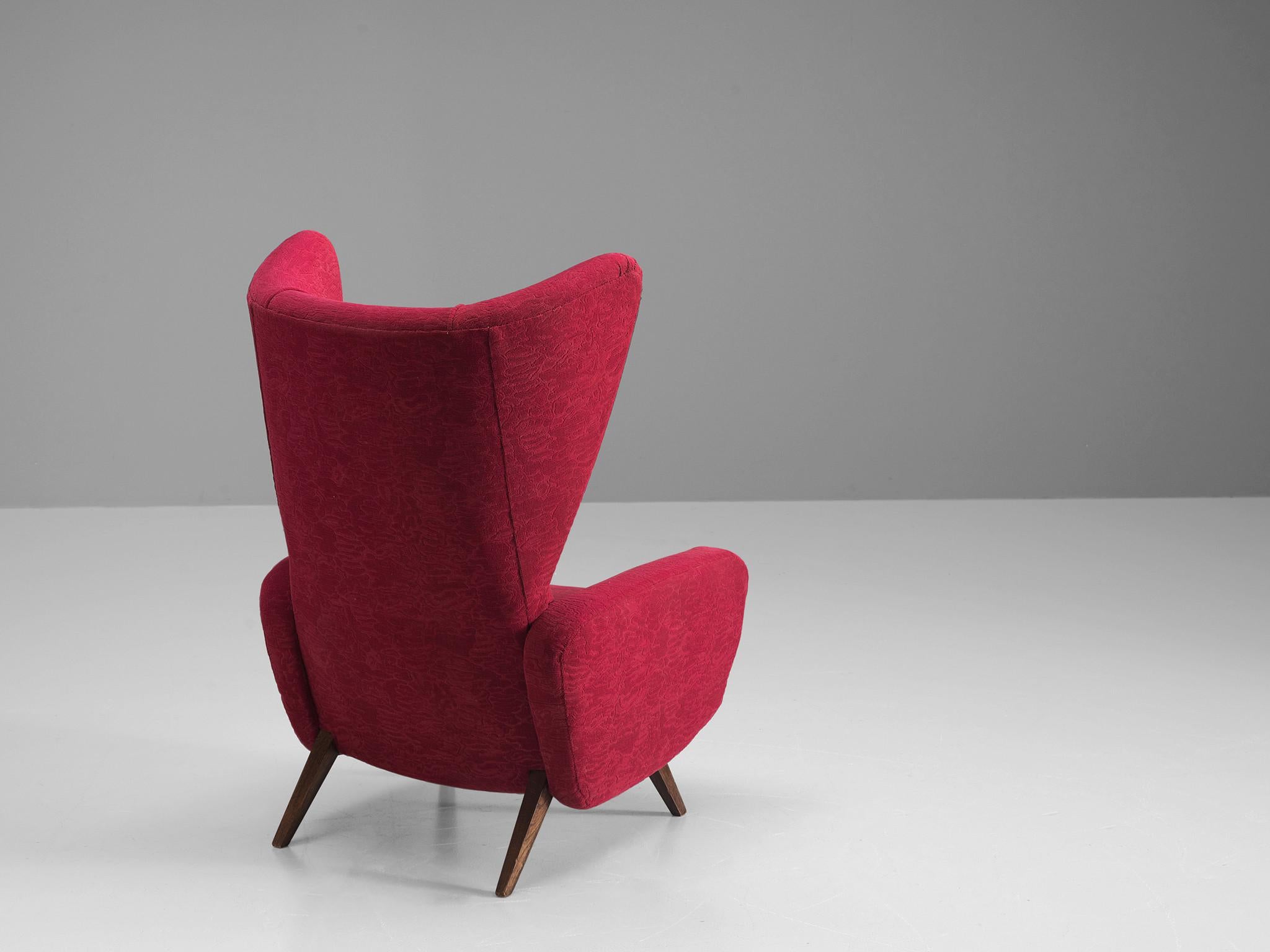 Mid-20th Century Italian Wingback Chair in Maroon Fabric  For Sale