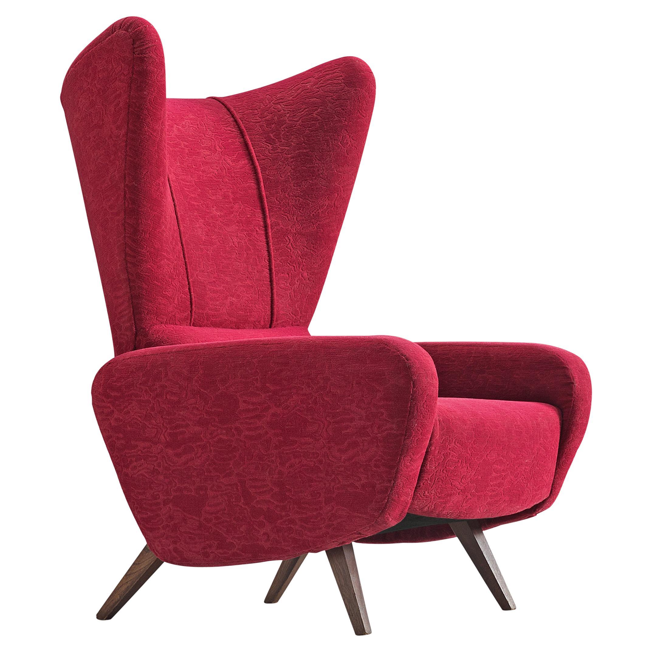 Italian Wingback Chair in Maroon Fabric  For Sale