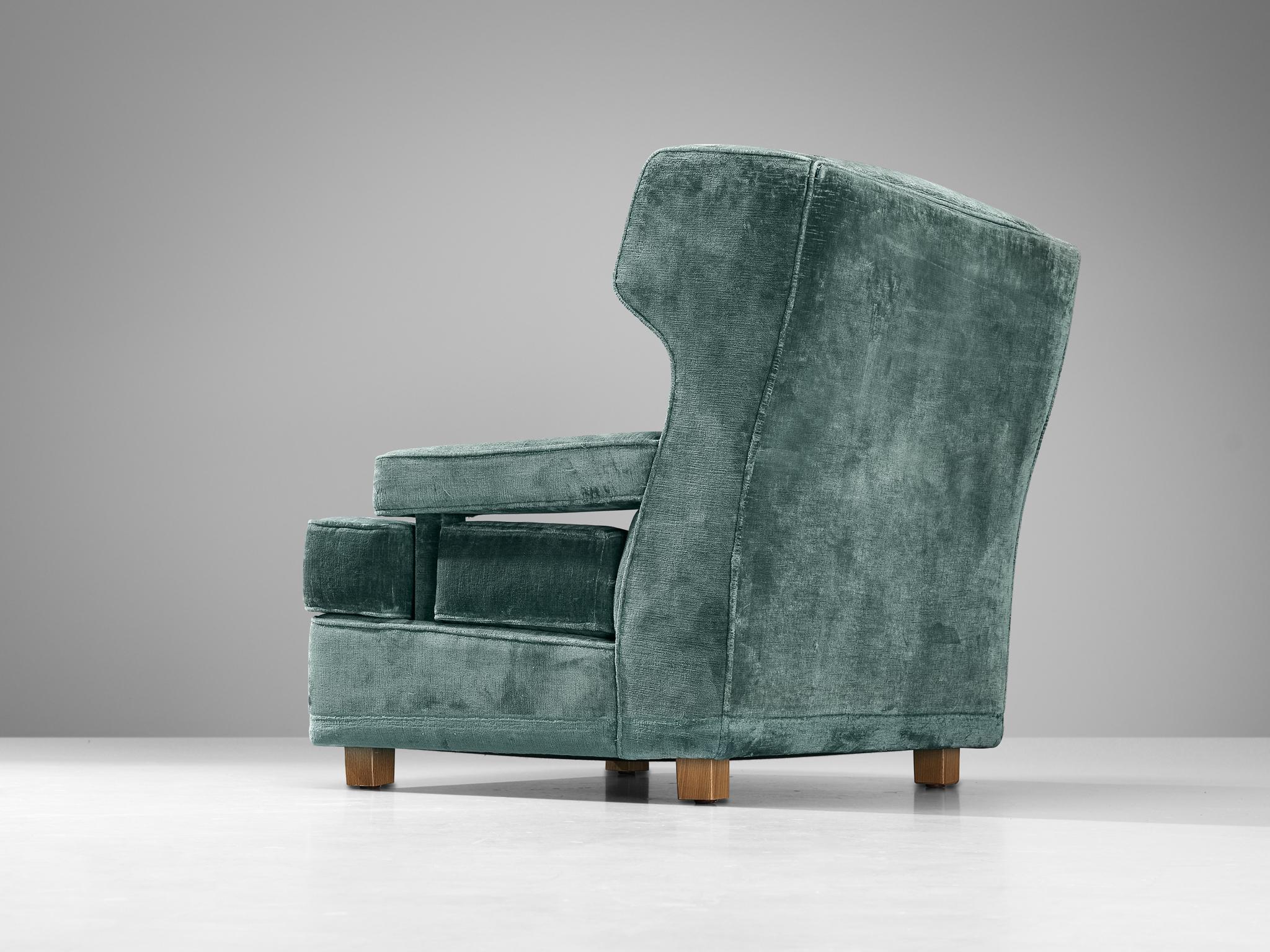 Art Deco Italian Wingback Chair in Mint Green Velour For Sale