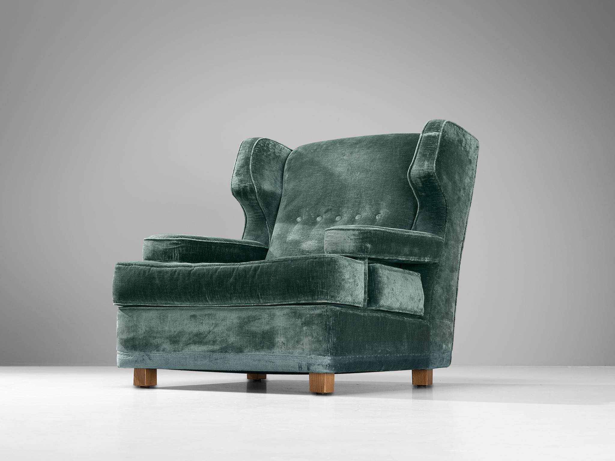 Mid-20th Century Italian Wingback Chair in Mint Green Velour  For Sale