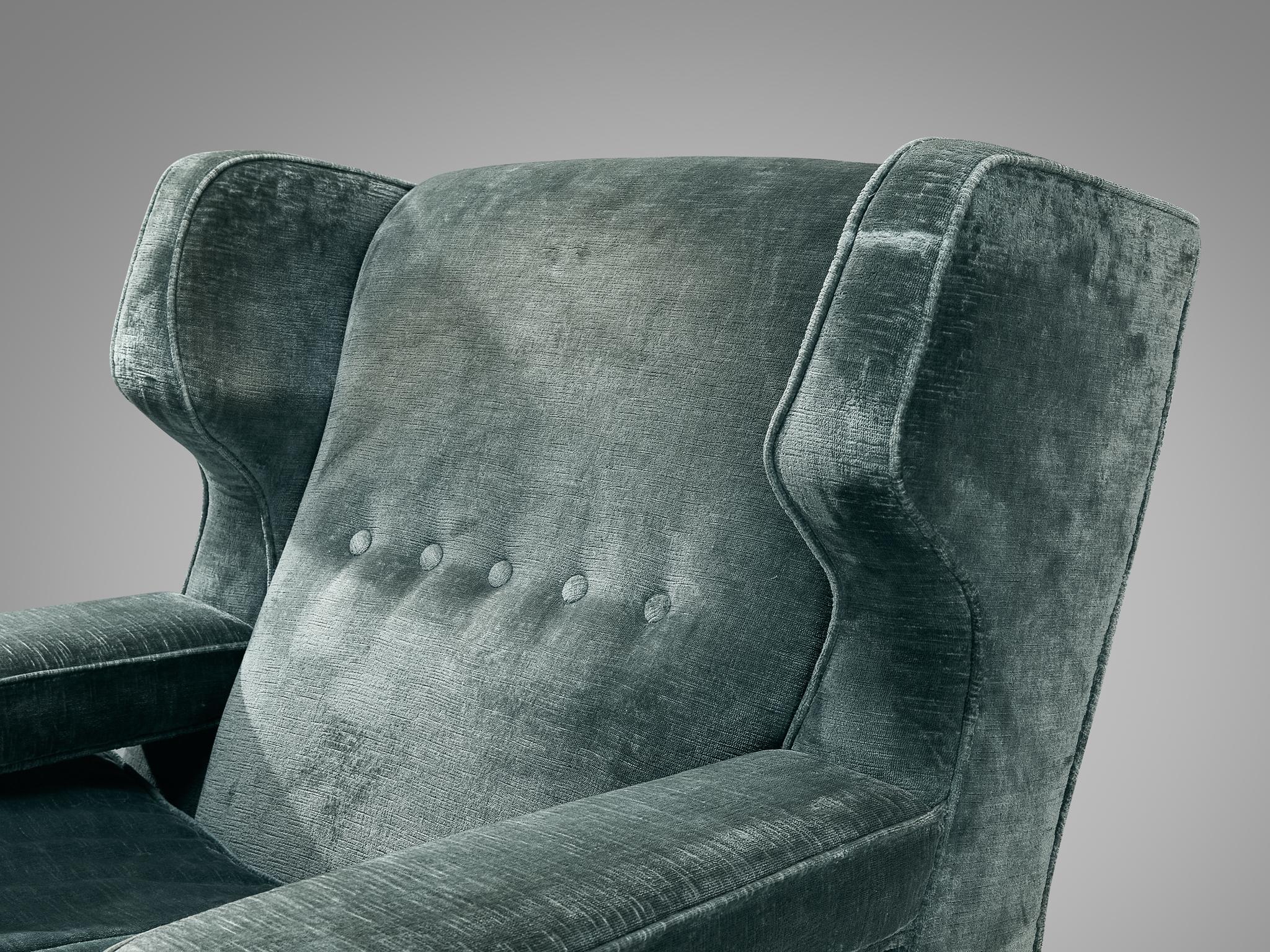 Velvet Italian Wingback Chair in Mint Green Velour For Sale