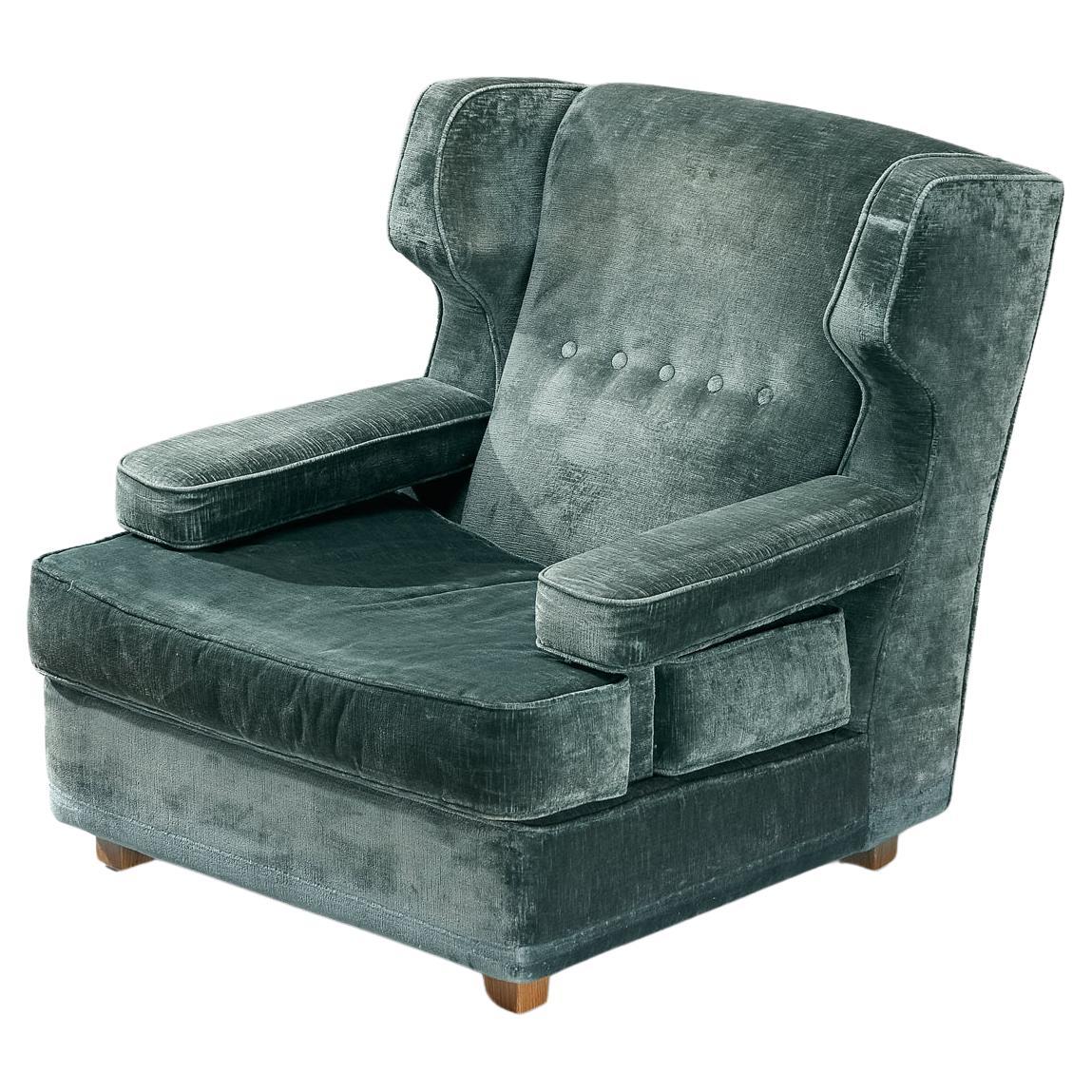 Italian Wingback Chair in Mint Green Velour  For Sale