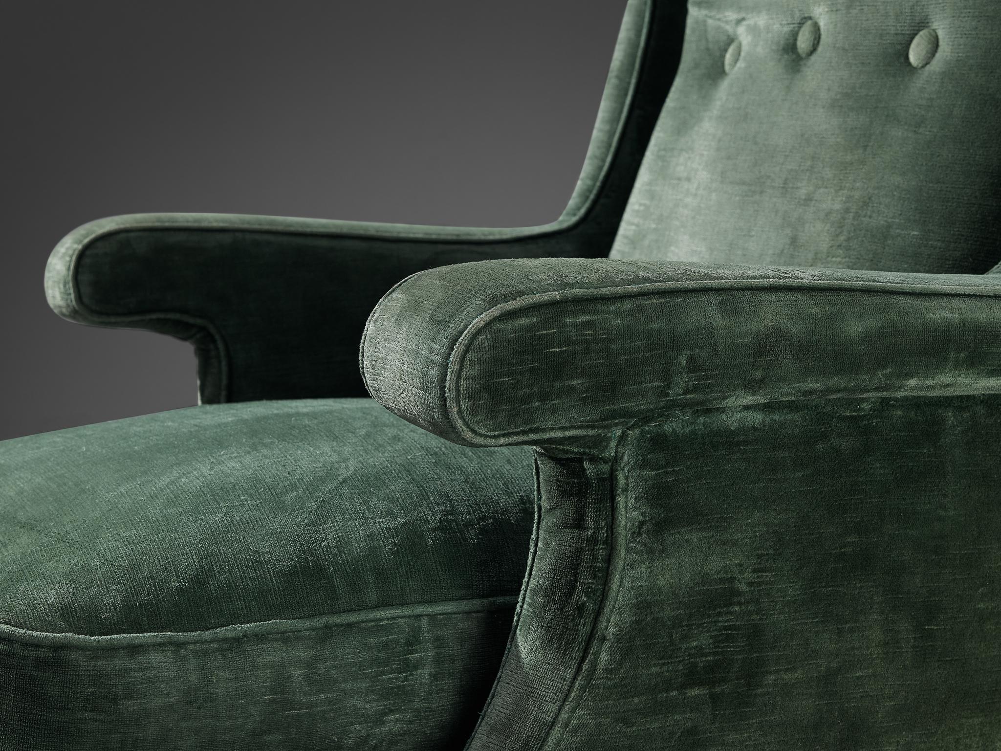 Mid-Century Modern Italian Wingback Chair in Olive Green Velvet For Sale