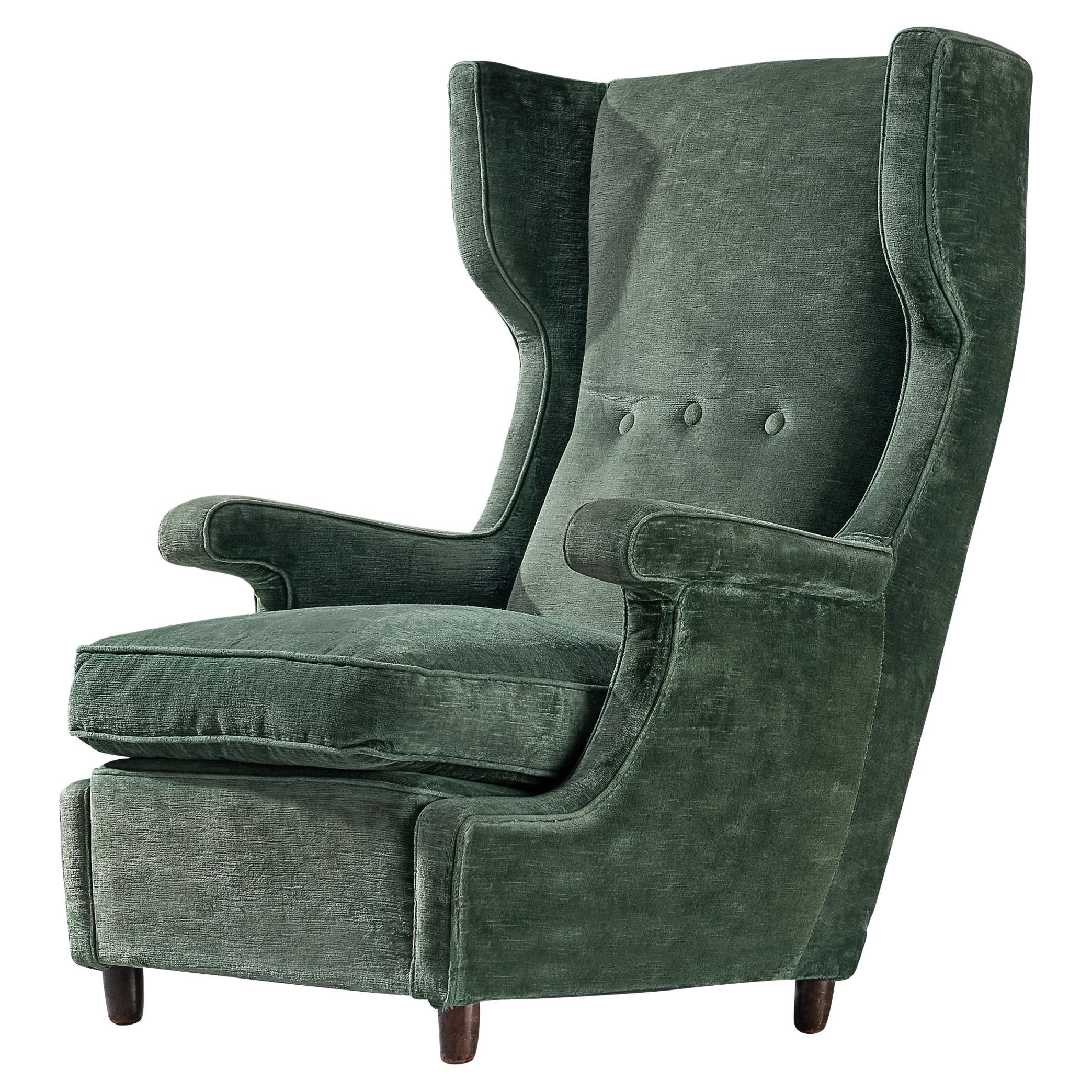Italian Wingback Chair in Olive Green Velvet For Sale