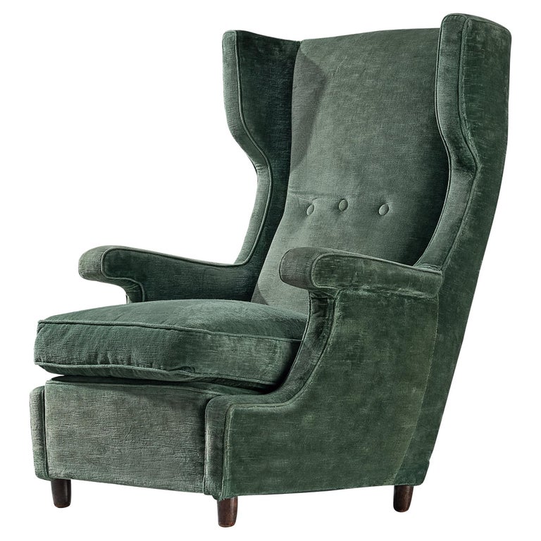 Italian Wingback Chair in Olive Green Velvet For Sale at 1stDibs