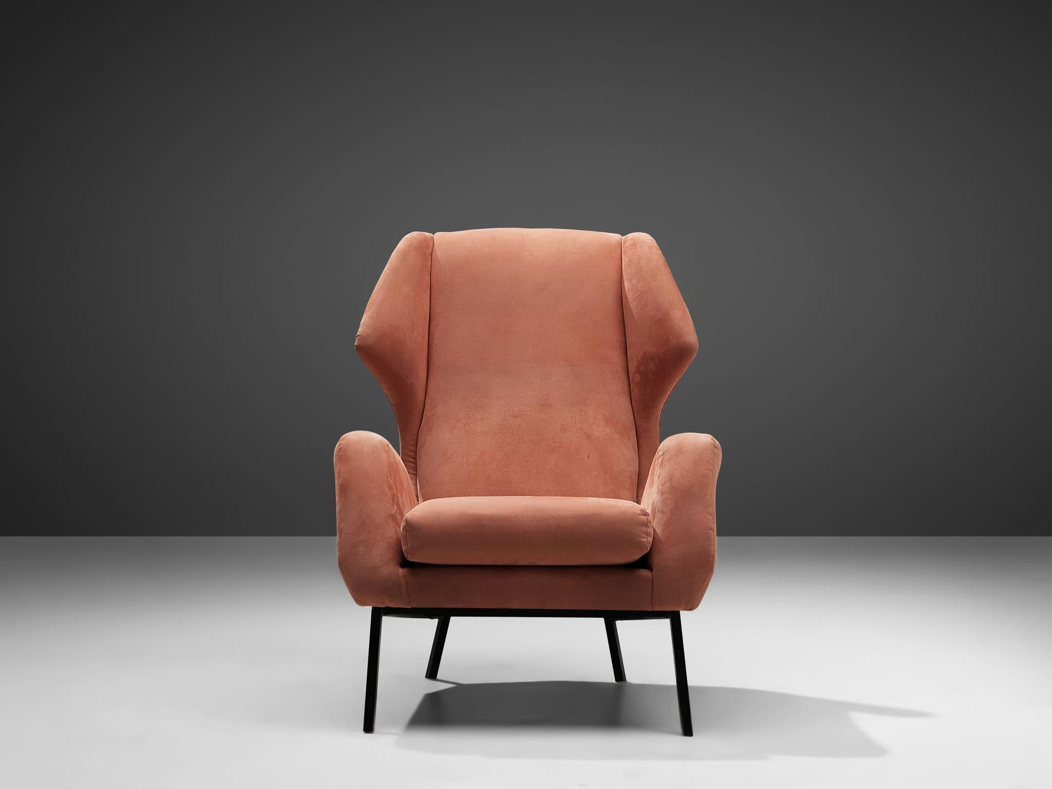 Mid-Century Modern Italian Wingback Chair in Salmon Pink Upholstery For Sale