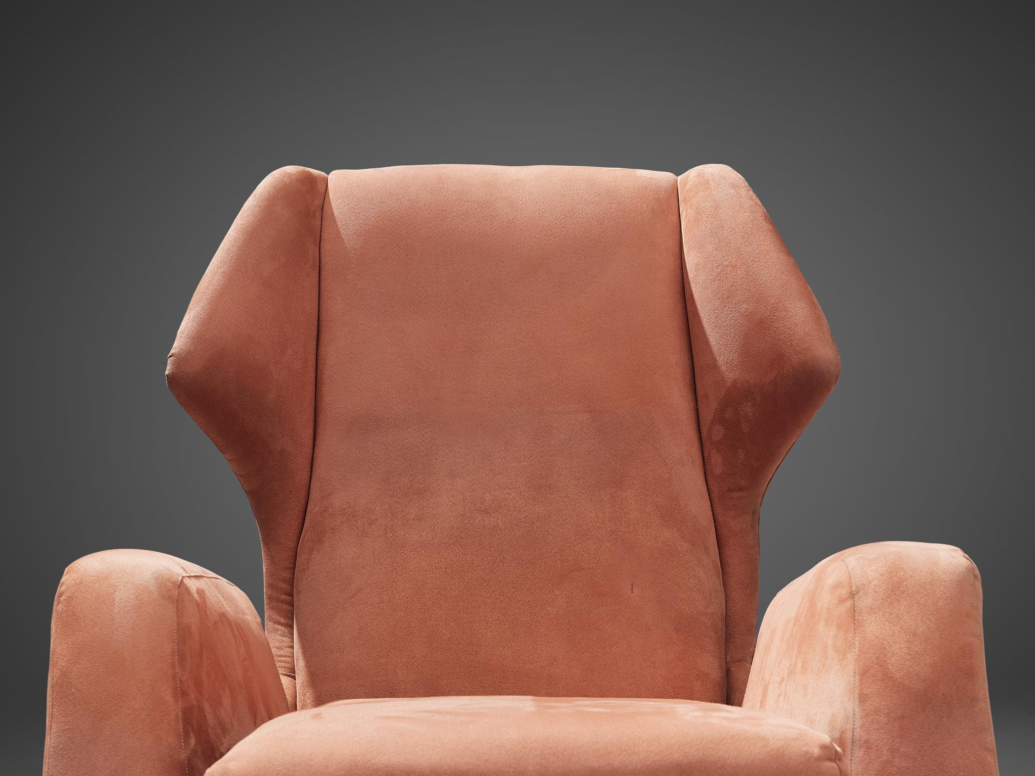 Ultrasuede Italian Wingback Chair in Salmon Pink Upholstery For Sale