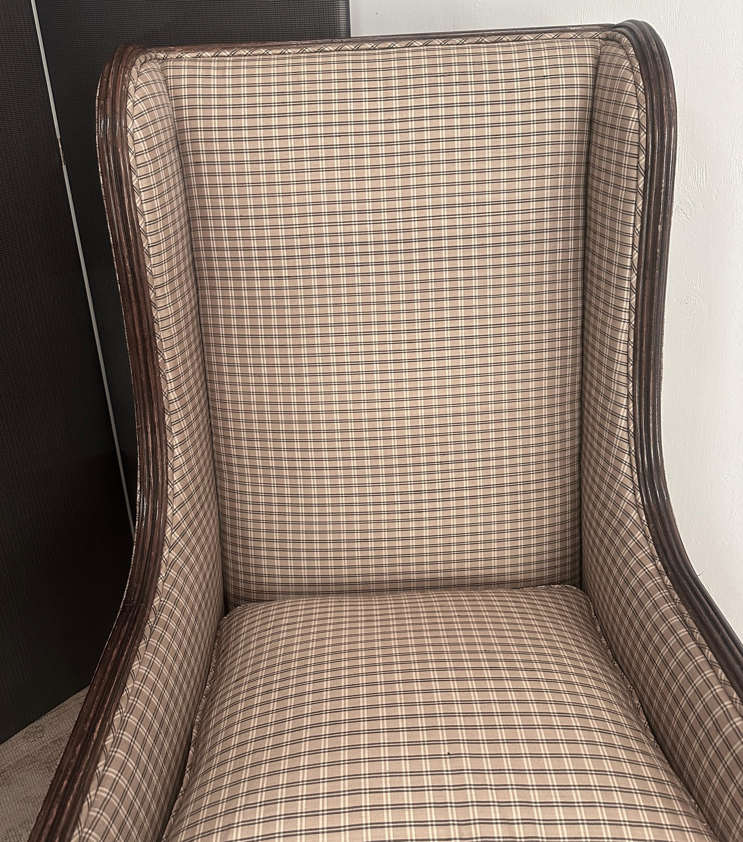 Louis XIII  Italian Lounge Chairs in Walnut -a pair - newly upholstered in Silk Plaid For Sale