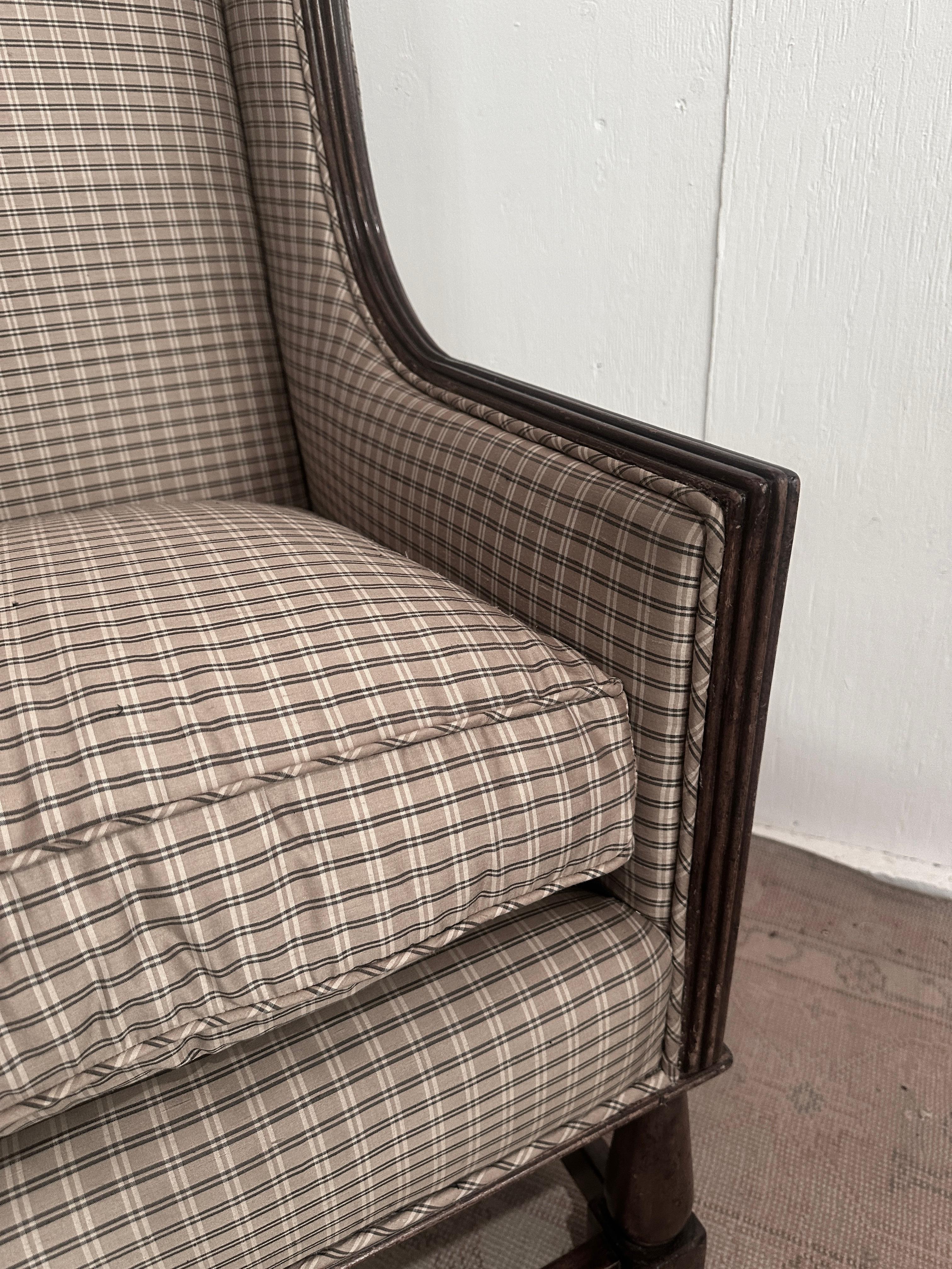 Hand-Crafted  Italian Lounge Chairs in Walnut -a pair - newly upholstered in Silk Plaid For Sale