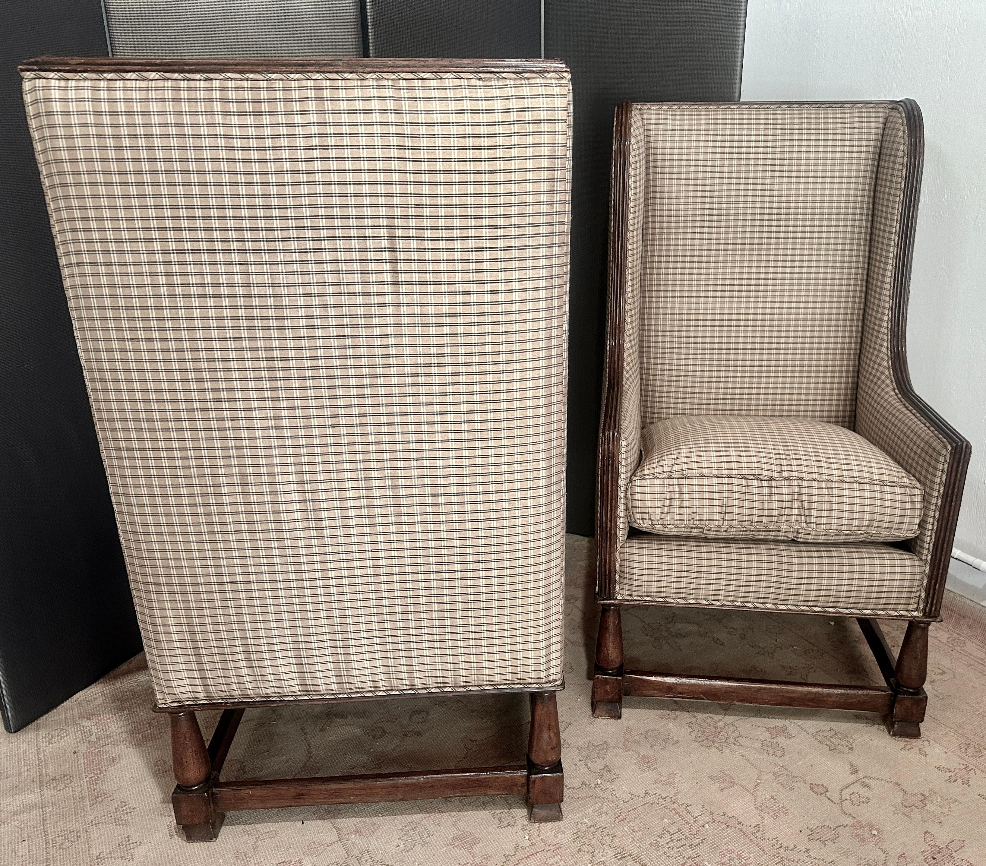  Italian Lounge Chairs in Walnut -a pair - newly upholstered in Silk Plaid For Sale 2