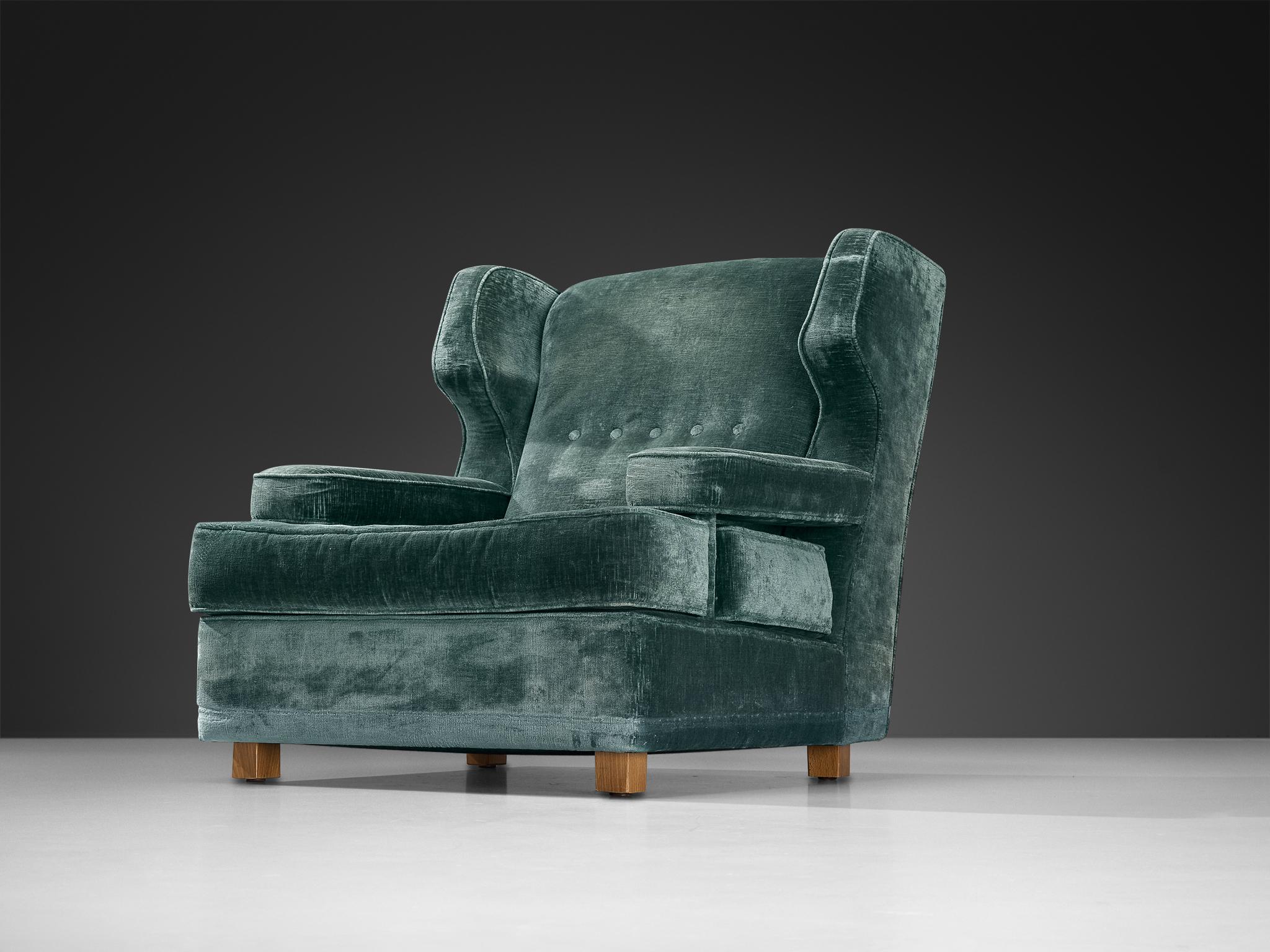 Art Déco Sedia a dondolo italiana con ottomana in velluto verde menta in vendita