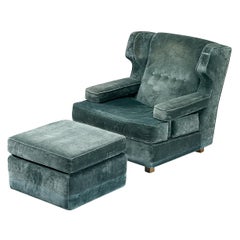 Italian Wingback Chair with Ottoman in Mint Green Velour