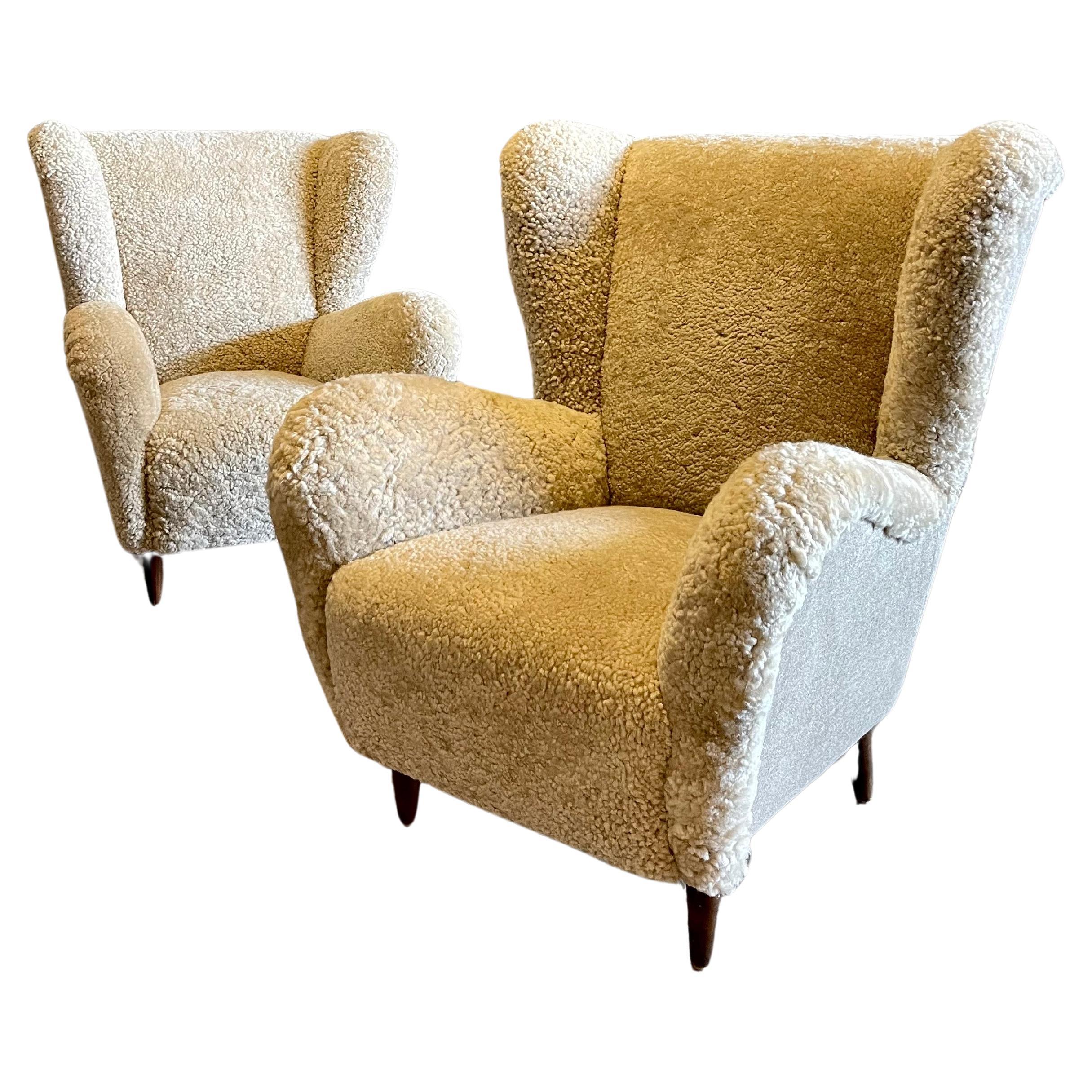 Italian Wingback Club Chairs, Gio Ponti, Sheepskin, Danish Wool Tweed, Shearling For Sale