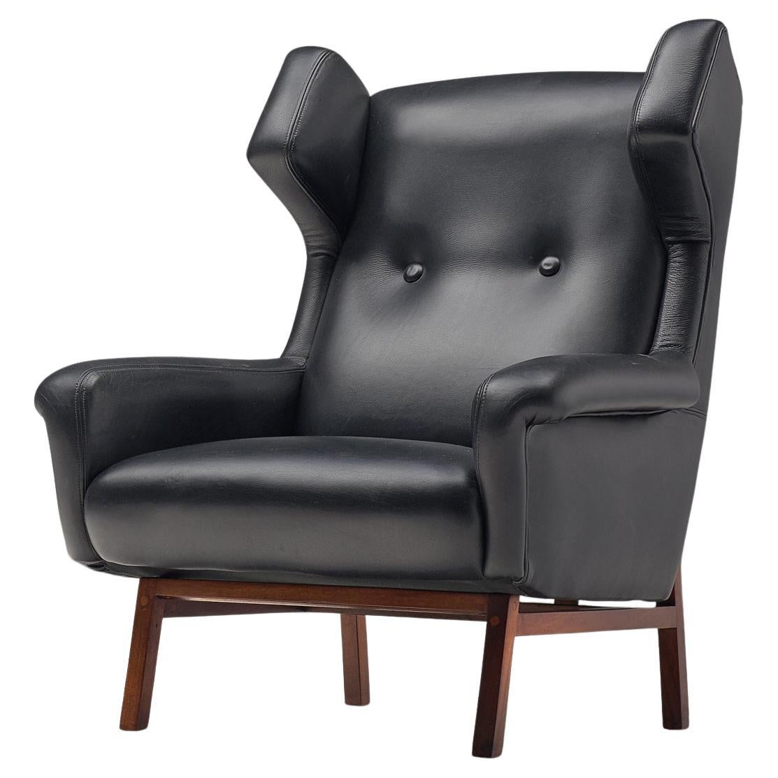 Italian Wingback Lounge Chair in Black Leather and Mahogany 