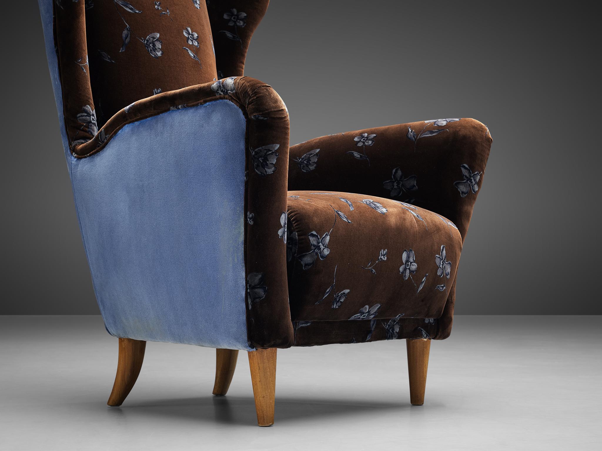 Mid-20th Century Italian Wingback Lounge Chair in Floral Upholstery