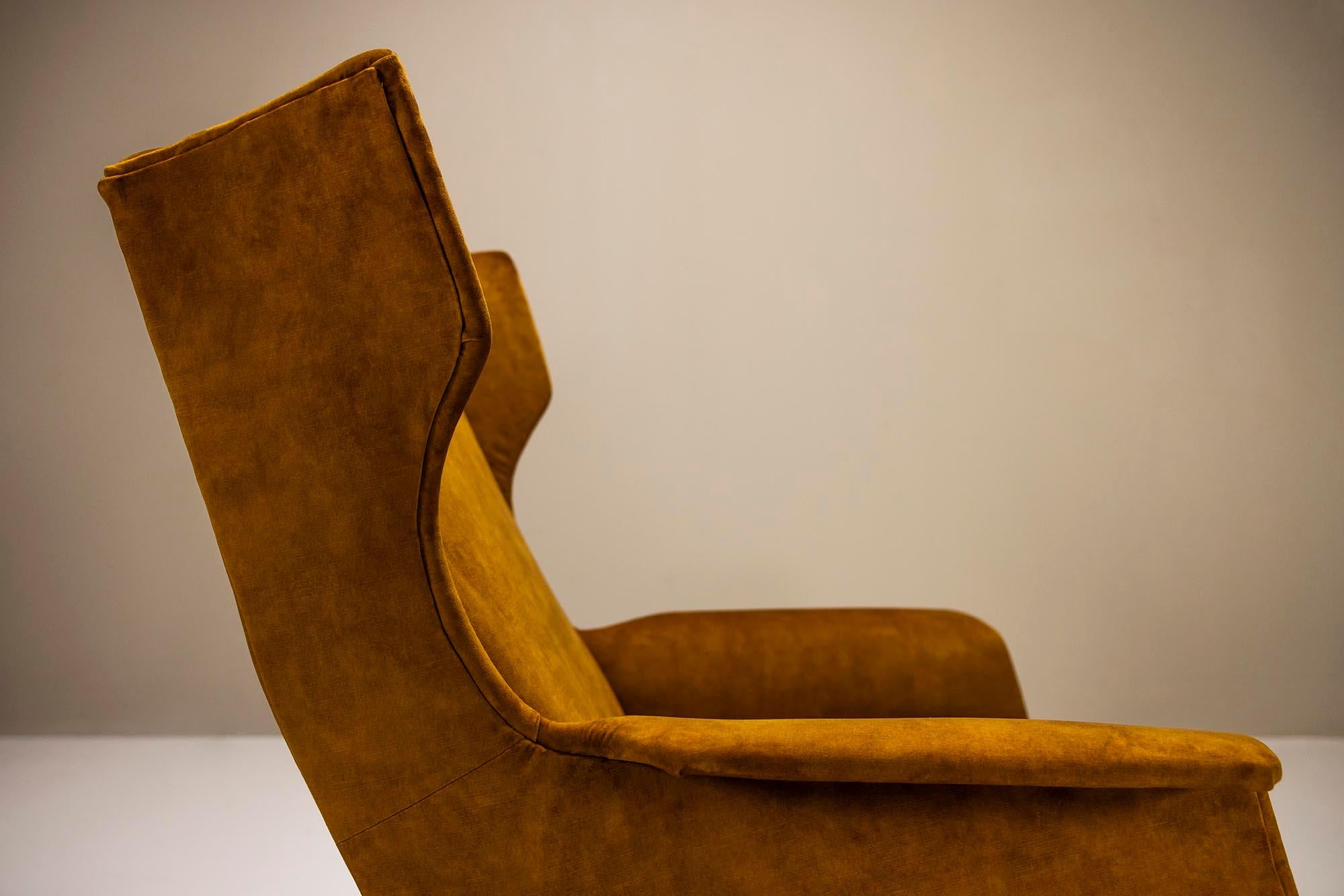 Italian Wingback Lounge Chair In Ocher And Metal, Italy 1950's 7