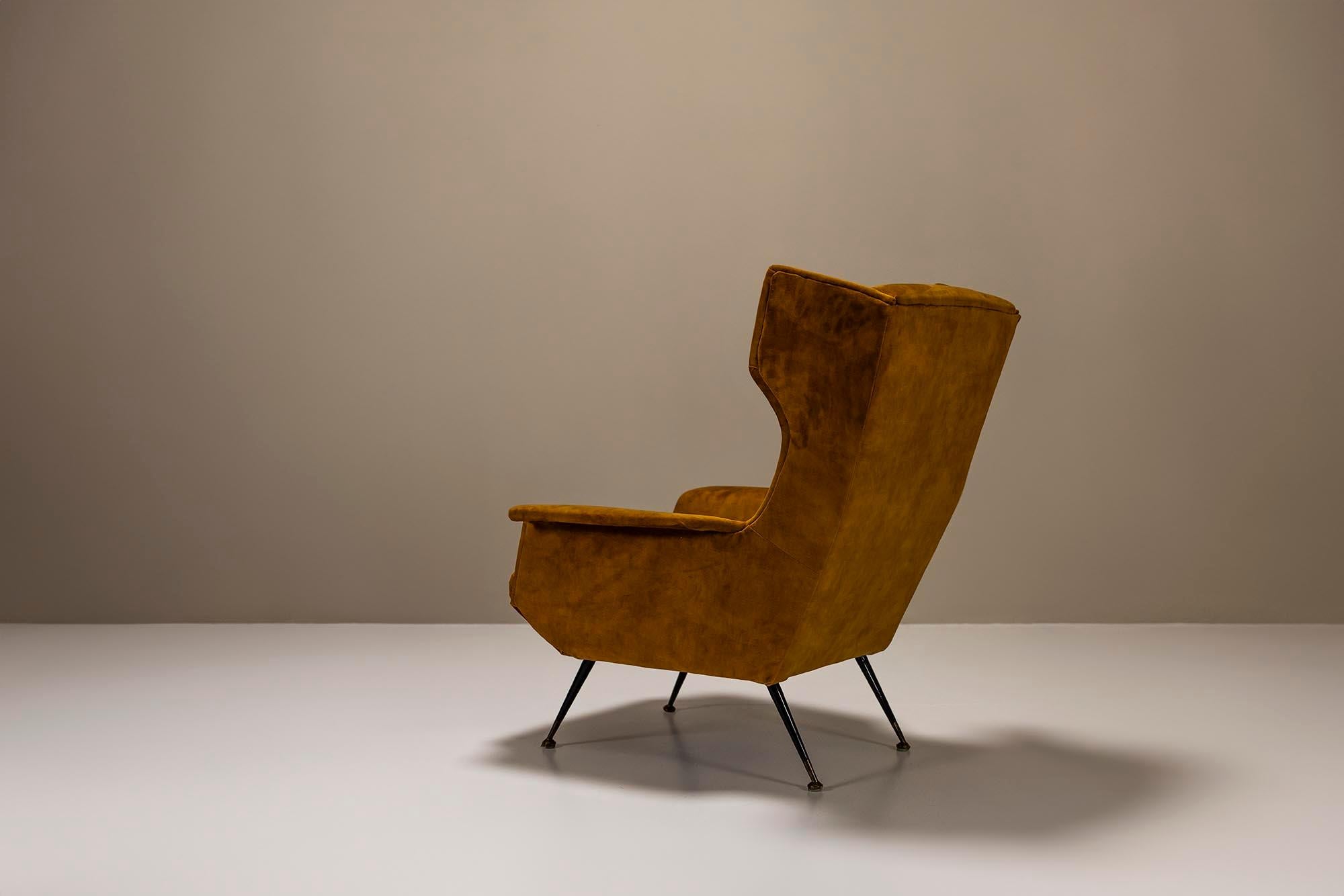 Mid-Century Modern Italian Wingback Lounge Chair In Ocher And Metal, Italy 1950's