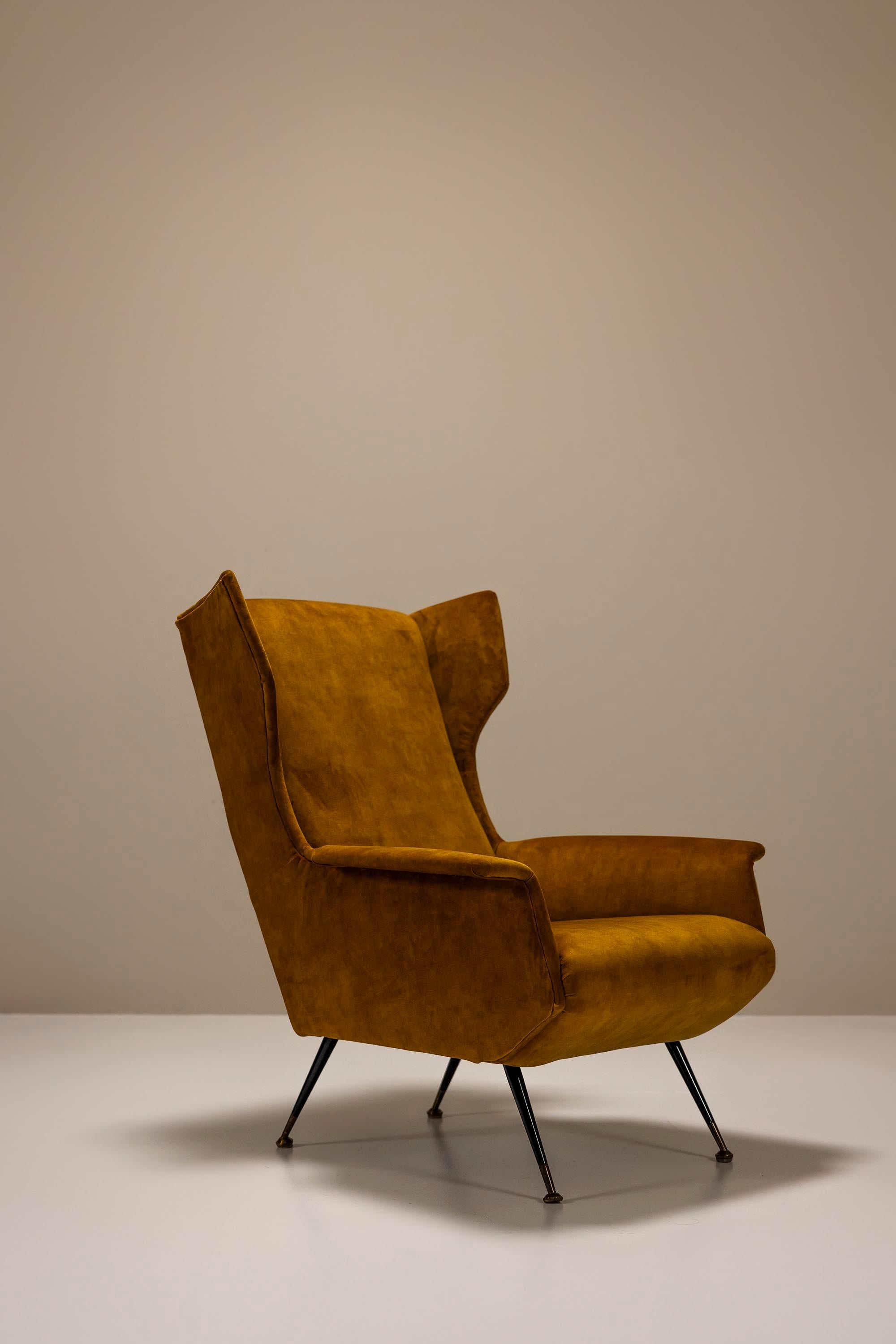 Mid-20th Century Italian Wingback Lounge Chair In Ocher And Metal, Italy 1950's