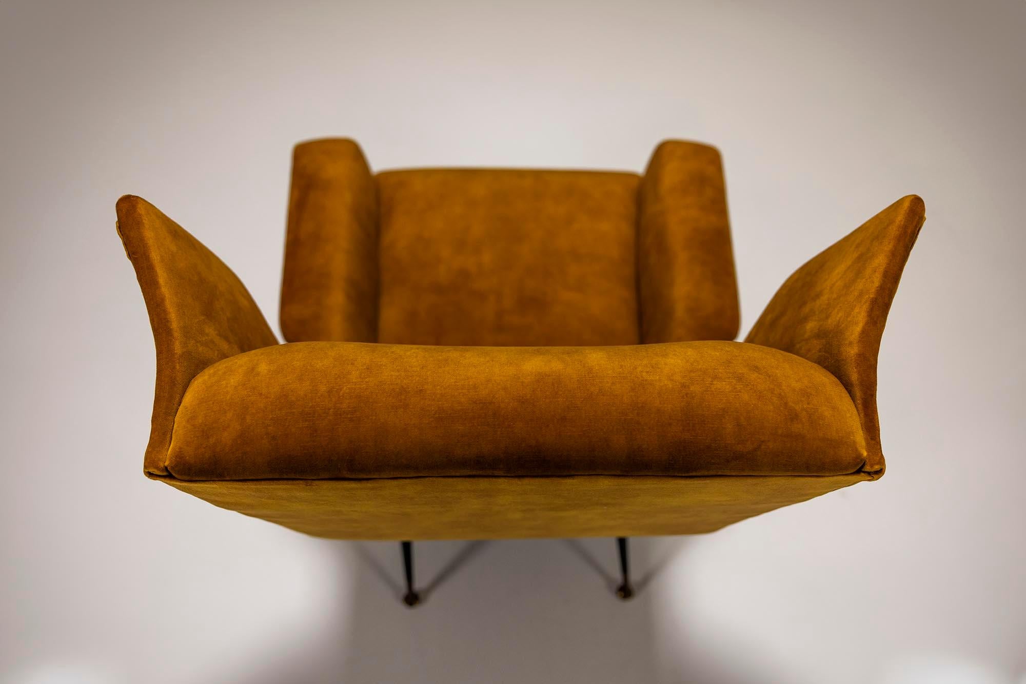 Italian Wingback Lounge Chair In Ocher And Metal, Italy 1950's 1