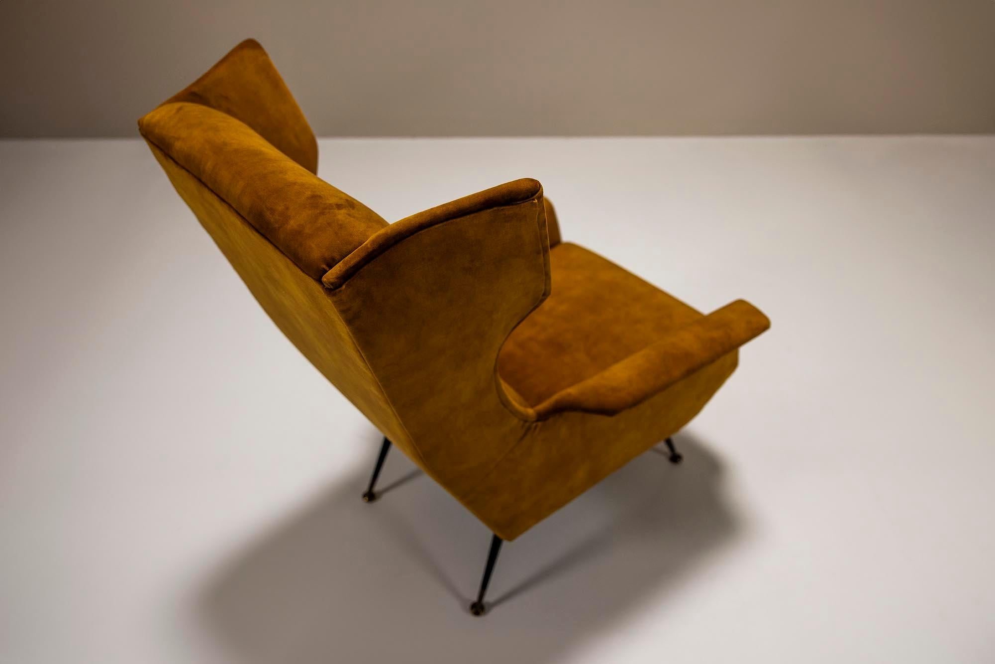 Italian Wingback Lounge Chair In Ocher And Metal, Italy 1950's 2
