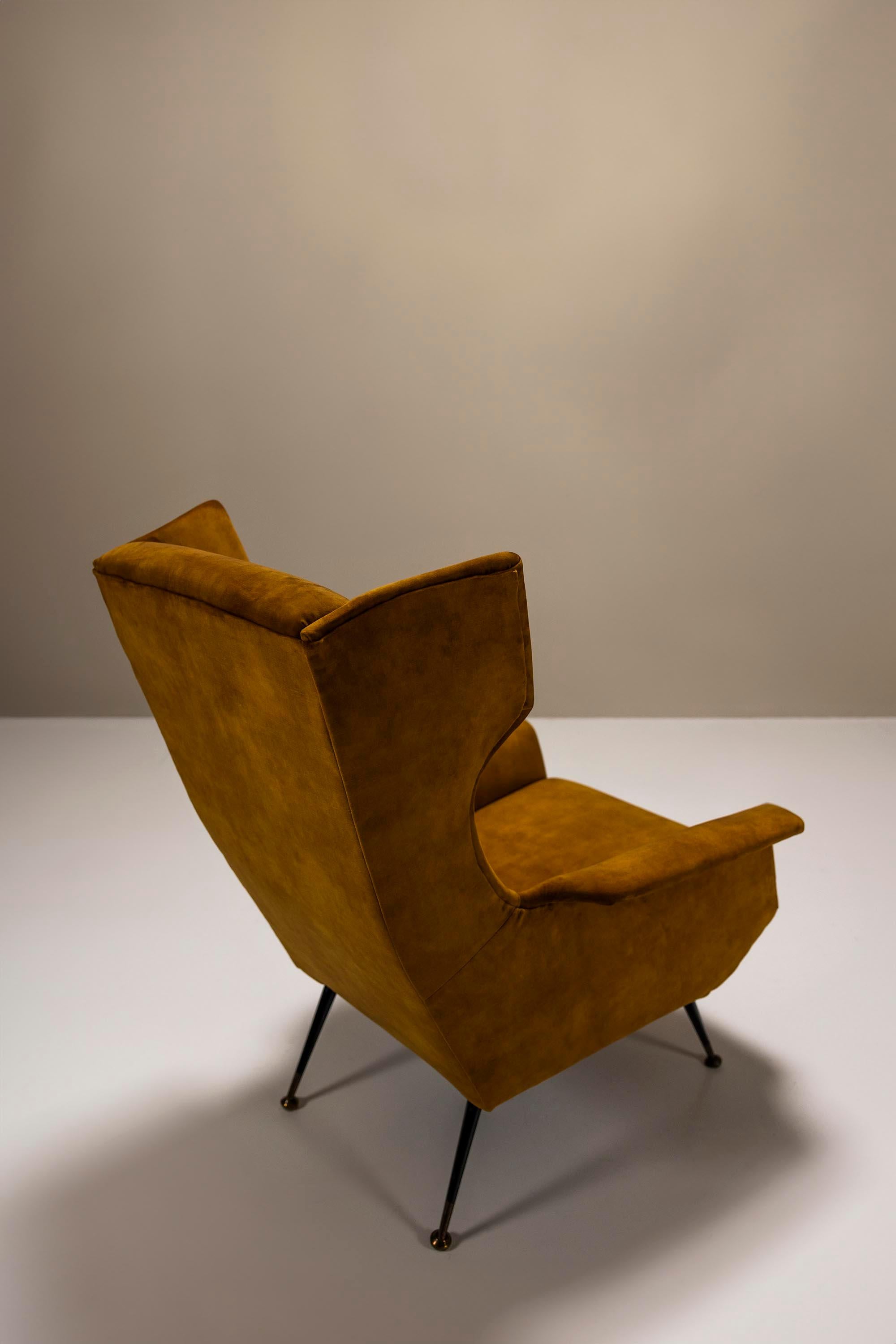 Italian Wingback Lounge Chair In Ocher And Metal, Italy 1950's 3