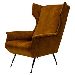Italian Wingback Lounge Chair In Ocher And Metal, Italy 1950's