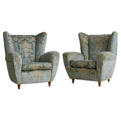 Italian Wingback Lounge Chair in Original Blue Upholstery, 1950s