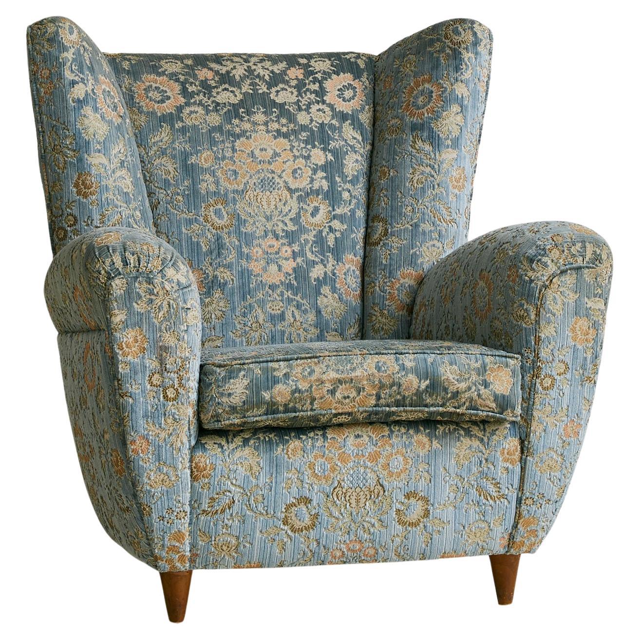 Italian Wingback Lounge Chair in Original Blue Upholstery, 1950s