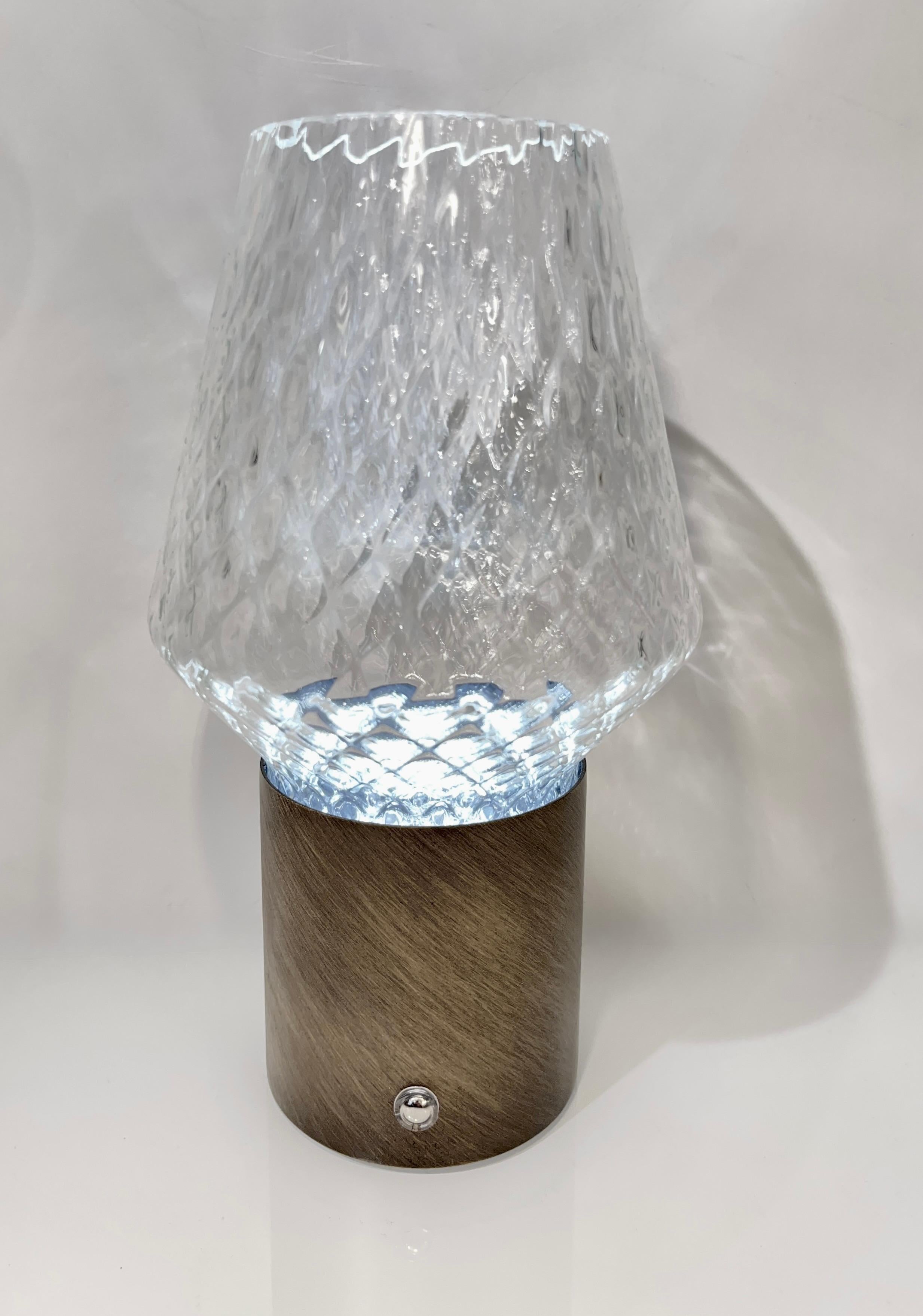 Organic Modern Italian Wireless Bronze Satin Brass Crystal Glass Portable Cone Table Lamp/Vase For Sale