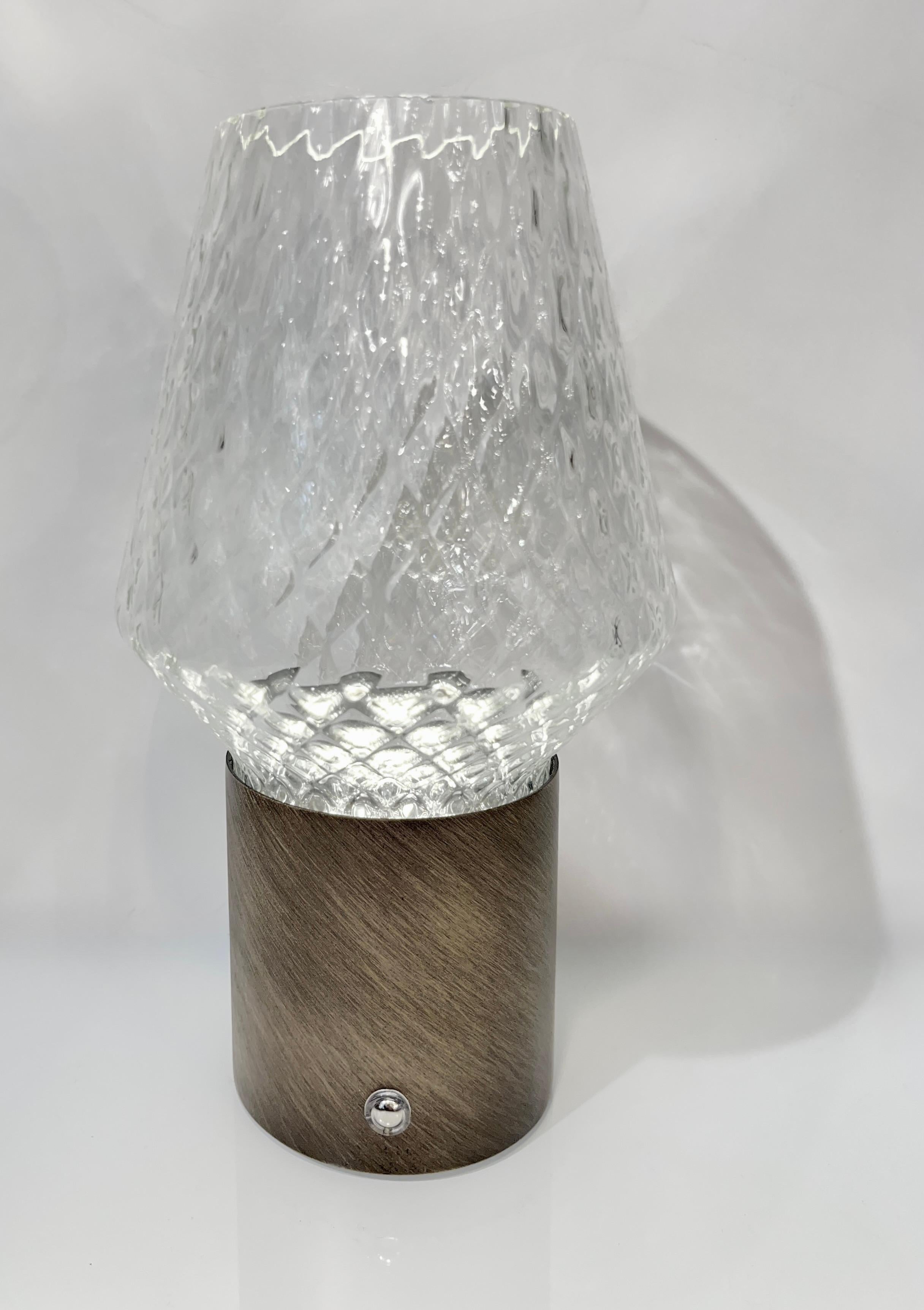 Brushed Italian Wireless Bronze Satin Brass Crystal Glass Portable Cone Table Lamp/Vase For Sale