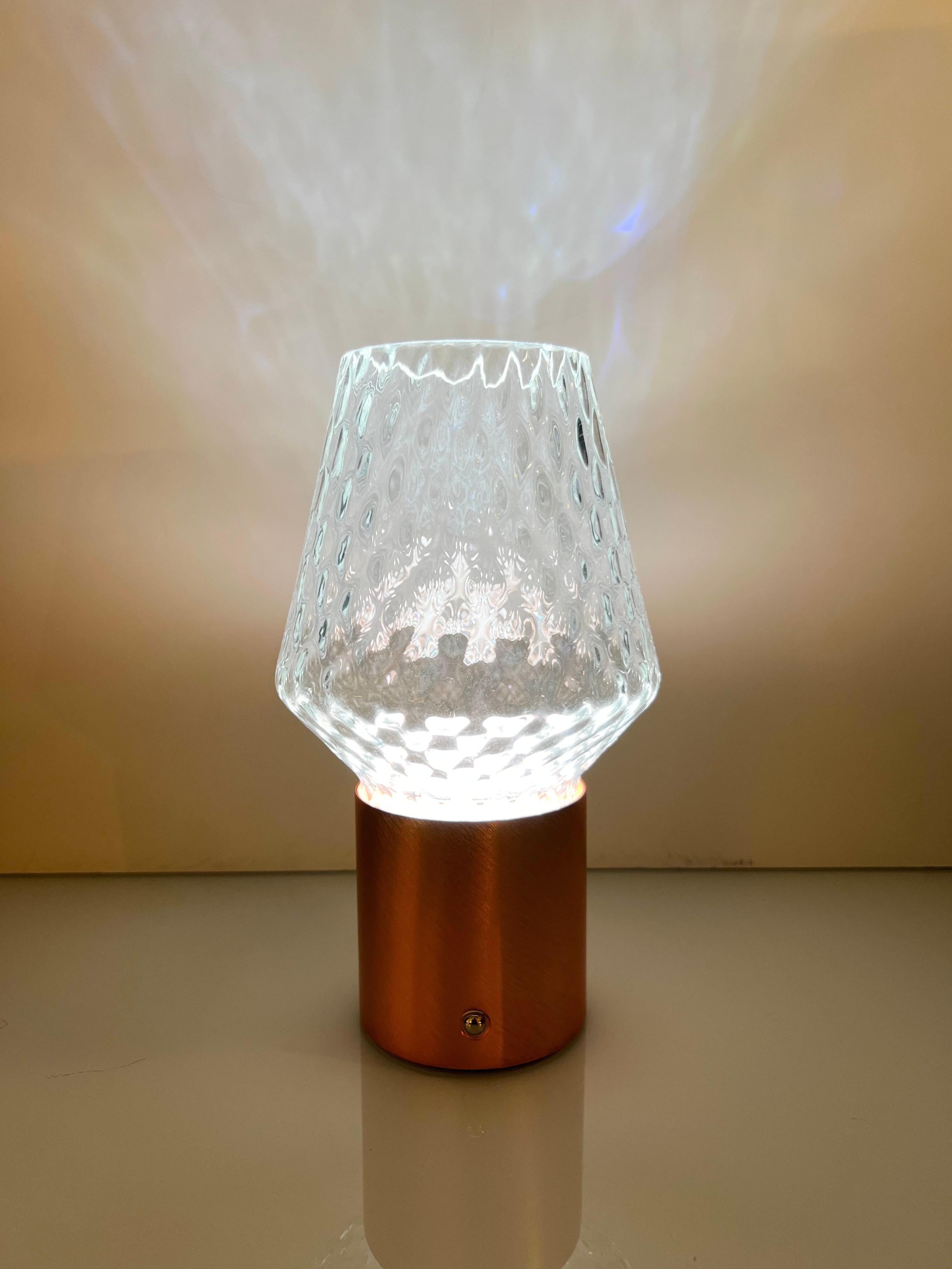 Organic Modern Italian Wireless Brushed Copper Crystal Glass Portable Cone Table Lamp/Lit Vase For Sale