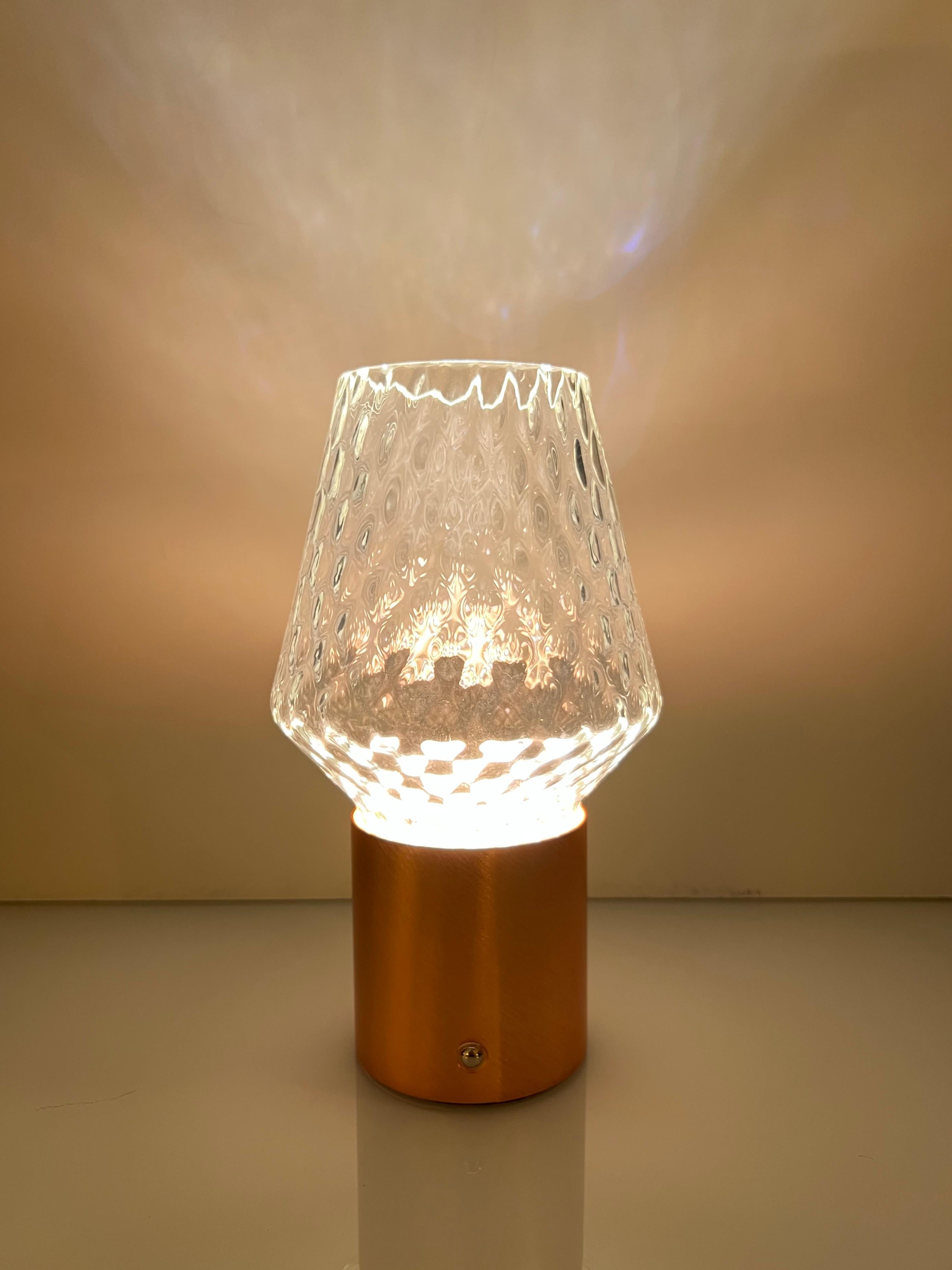 Italian Wireless Brushed Copper Crystal Glass Portable Cone Table Lamp/Lit Vase In New Condition For Sale In New York, NY
