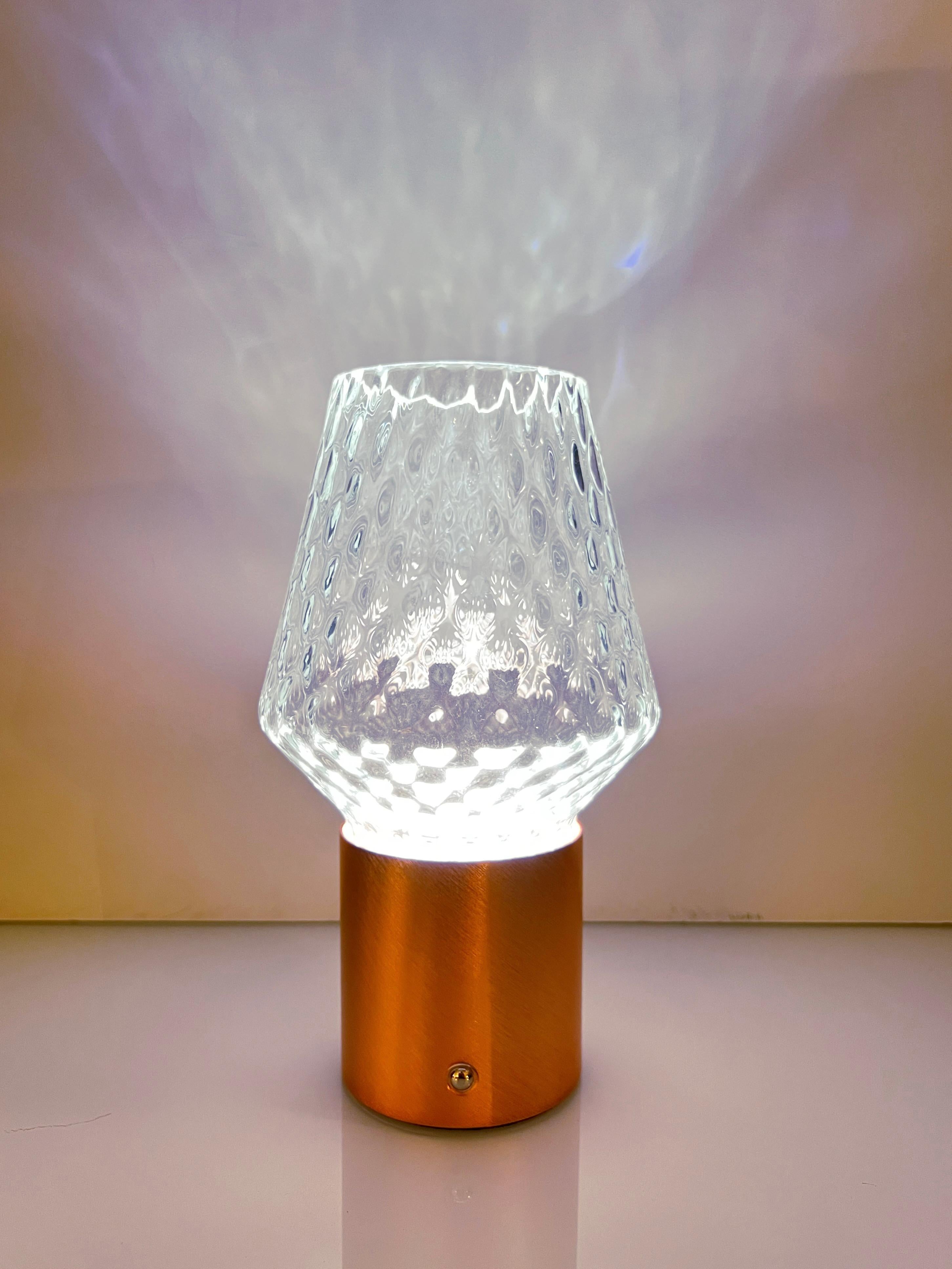 Contemporary Italian Wireless Brushed Copper Crystal Glass Portable Cone Table Lamp/Lit Vase For Sale