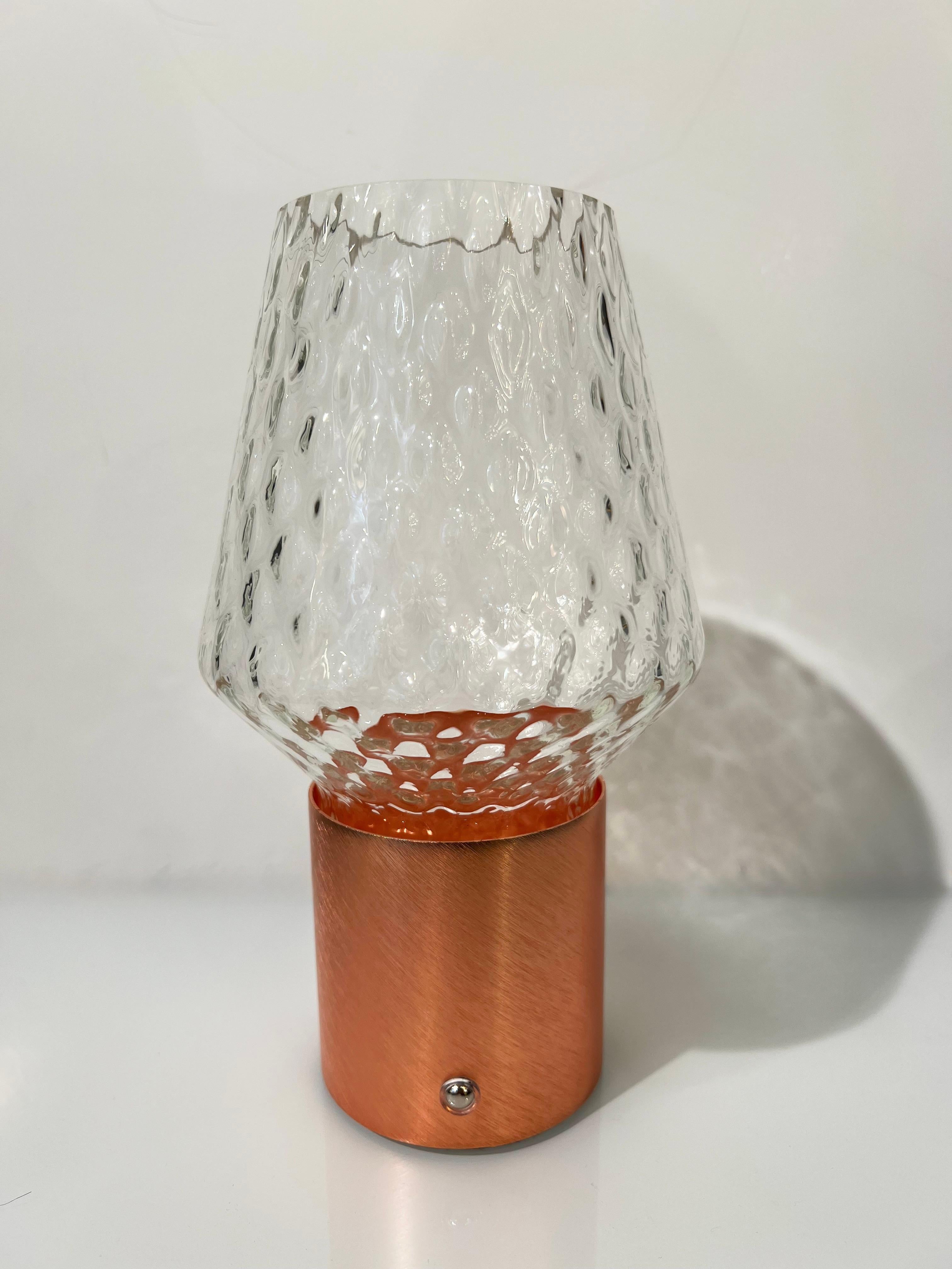 Metal Italian Wireless Brushed Copper Crystal Glass Portable Cone Table Lamp/Lit Vase For Sale