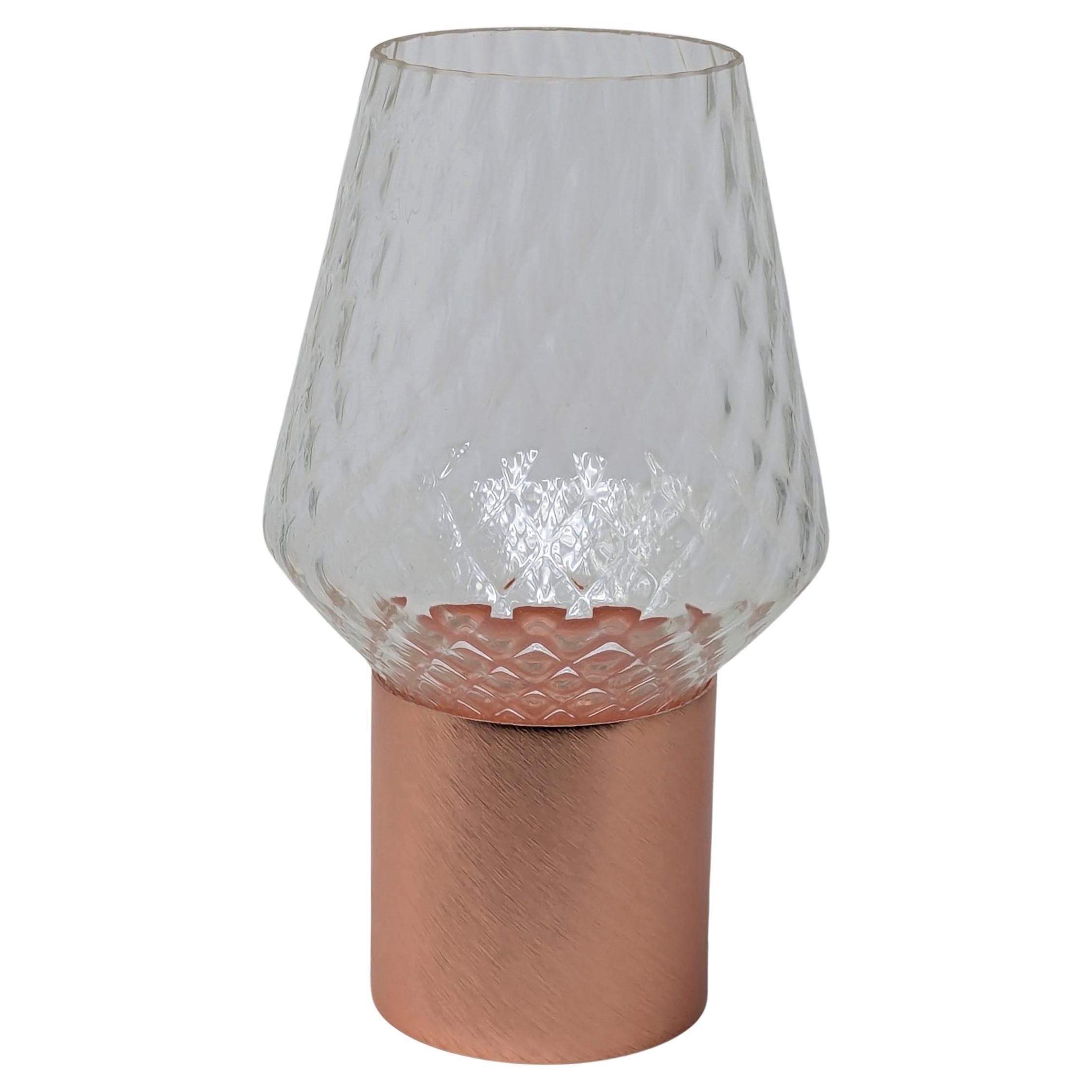 Italian Wireless Brushed Copper Crystal Glass Portable Cone Table Lamp/Lit Vase For Sale
