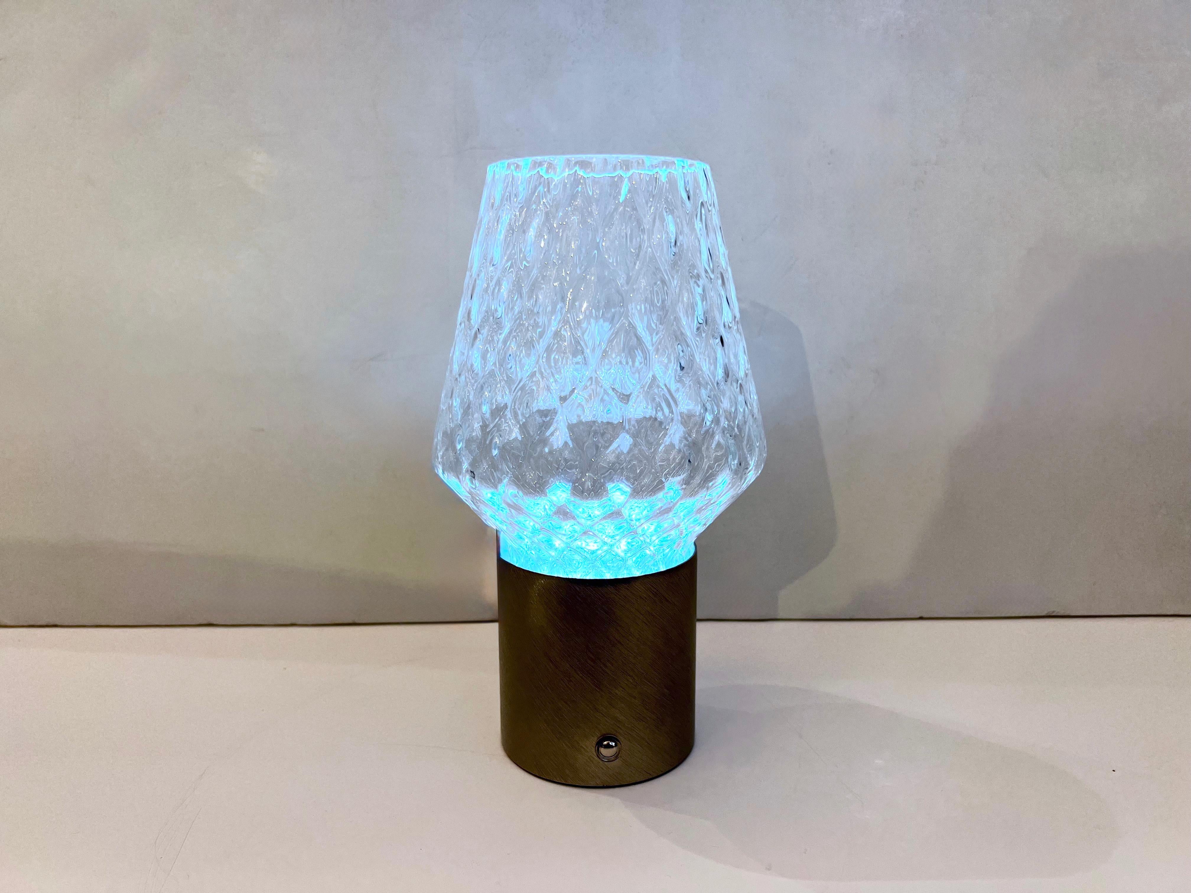 Organique Mini-lampe de table portative en acier brossé et verre de cristal italien sans fil / Vase éclairé en vente
