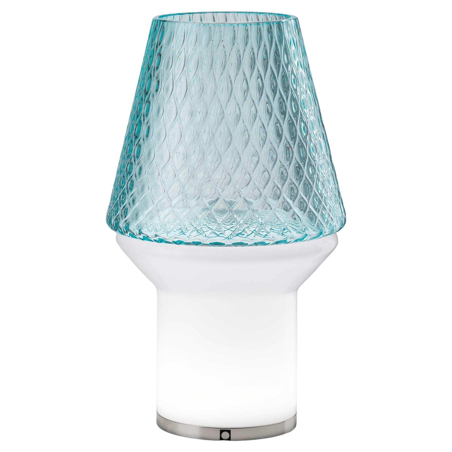 Lampe de bureau/vase de table italienne en verre blanc clair et bleu clair à gradation câblée