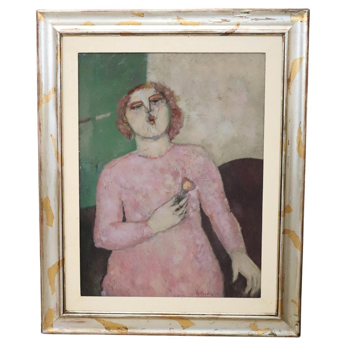 Peinture à l'huile sur toile de l'artiste italienne Giuliana Pardini représentant une femme, 1983