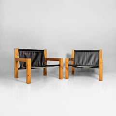 Italian modern leather and wooden armchairs by Silvano Passi, 1970s