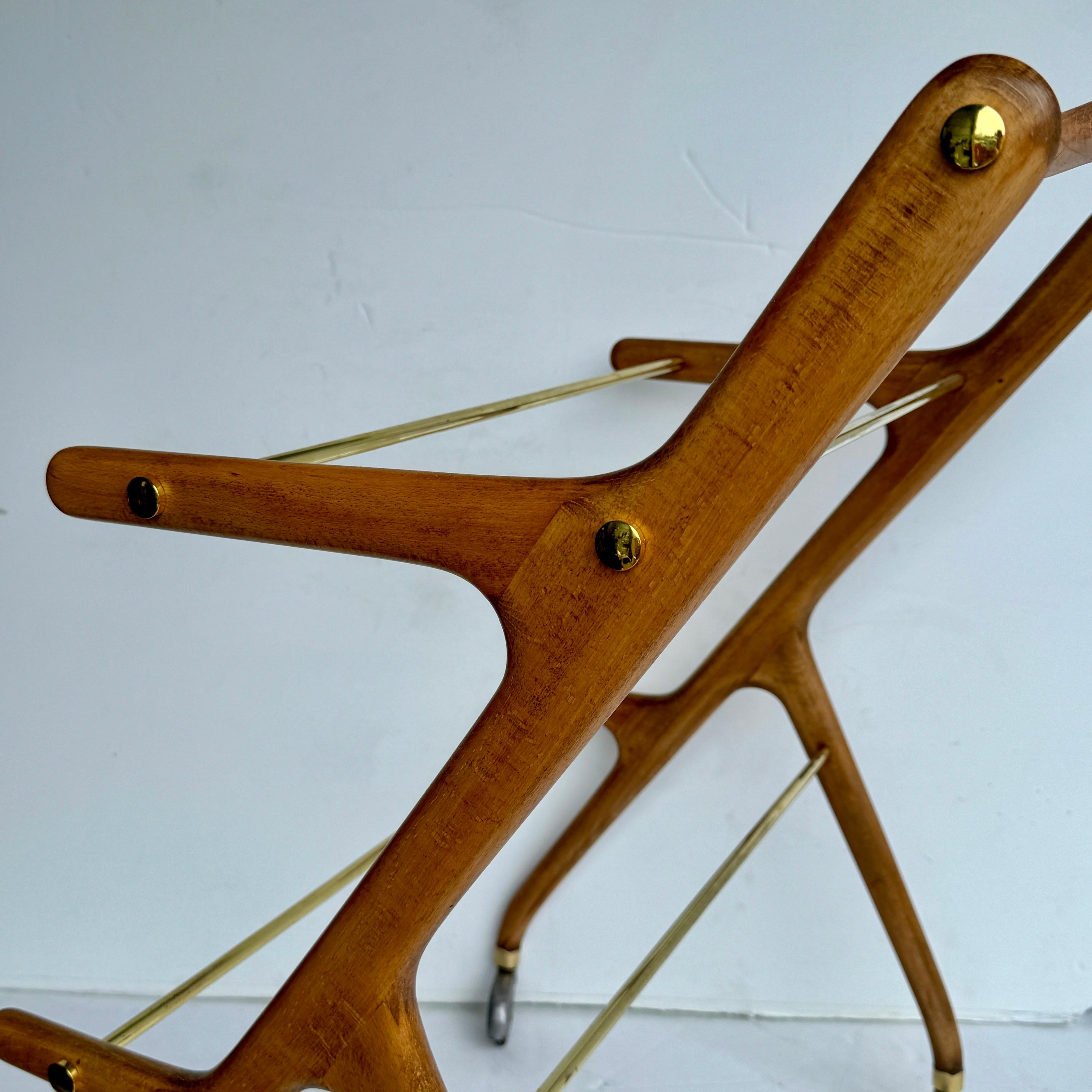 Italian Wood and Brass Bar Cart by Cesare Lacca, 1950's For Sale 7