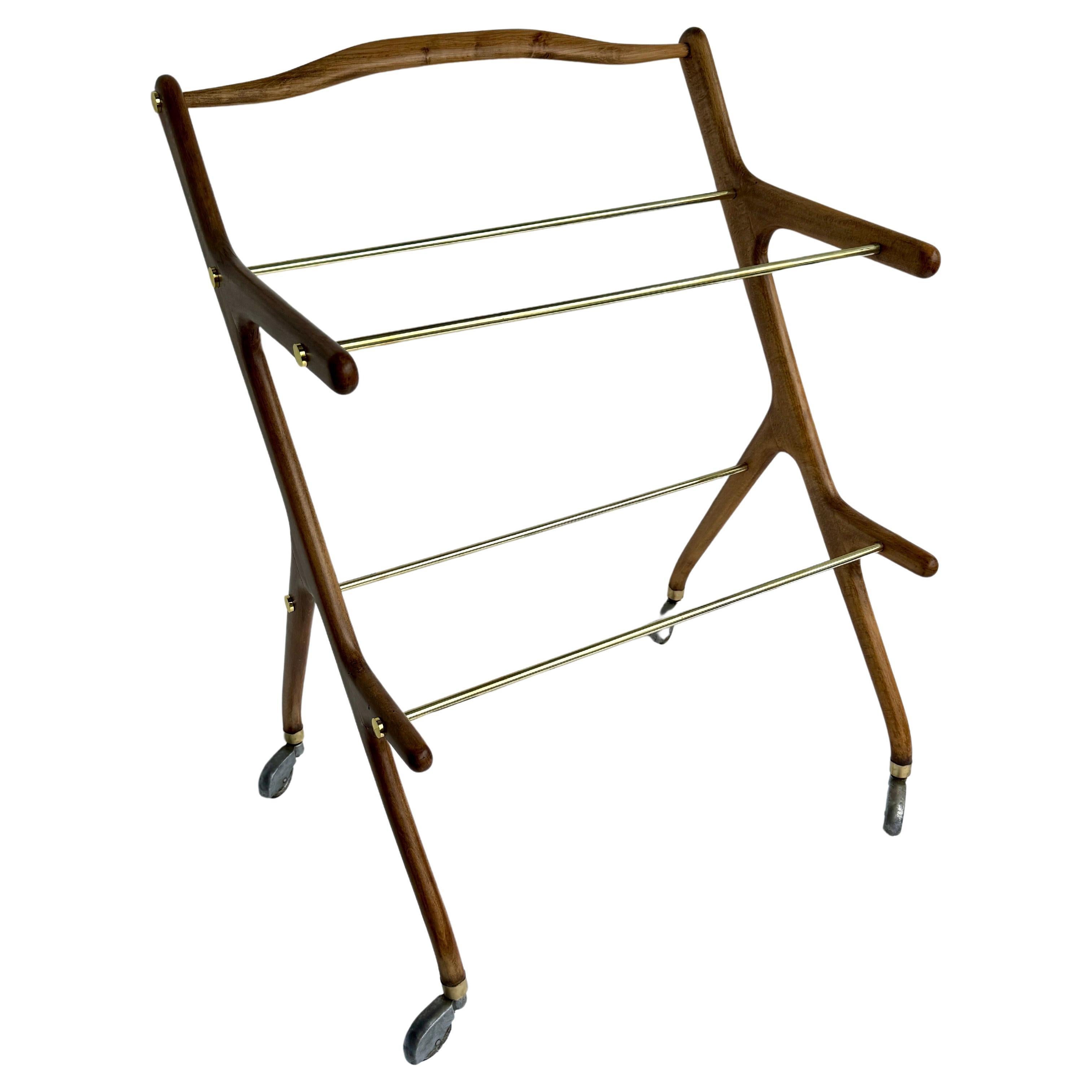 Hand-Crafted Italian Wood and Brass Bar Cart by Cesare Lacca, 1950's For Sale